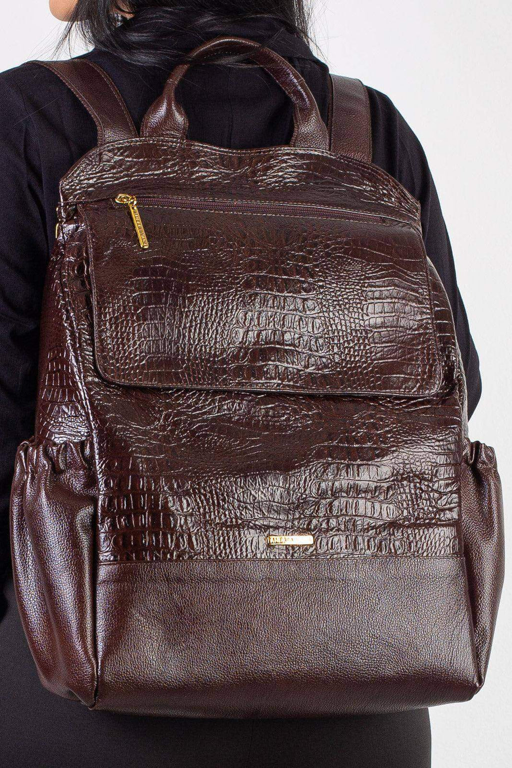 Mochila antifurto grande de couro croco Suzana - Enluaze
