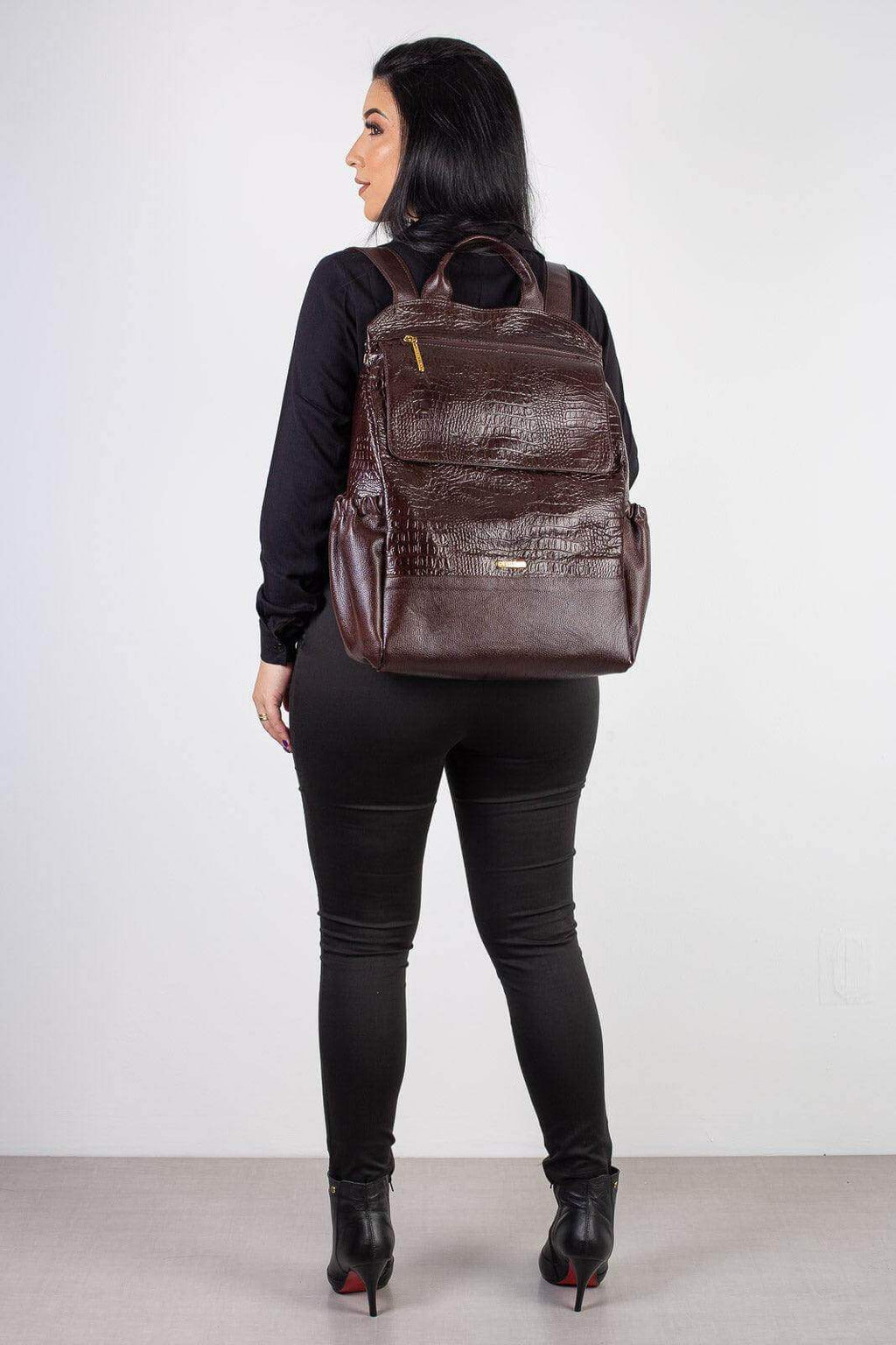 Mochila antifurto grande de couro croco Suzana - Enluaze