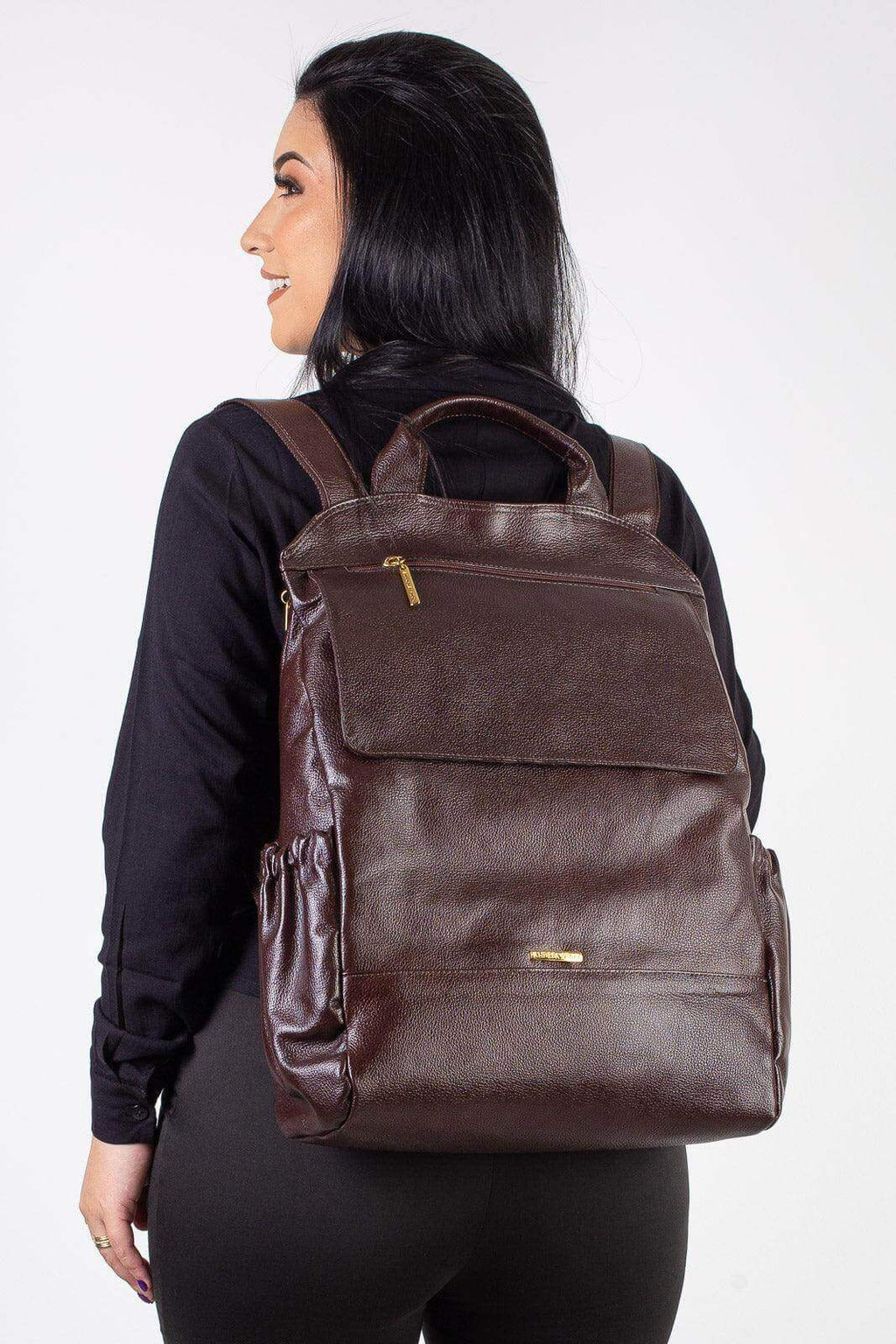 Mochila antifurto grande de couro liso Suzana - Enluaze