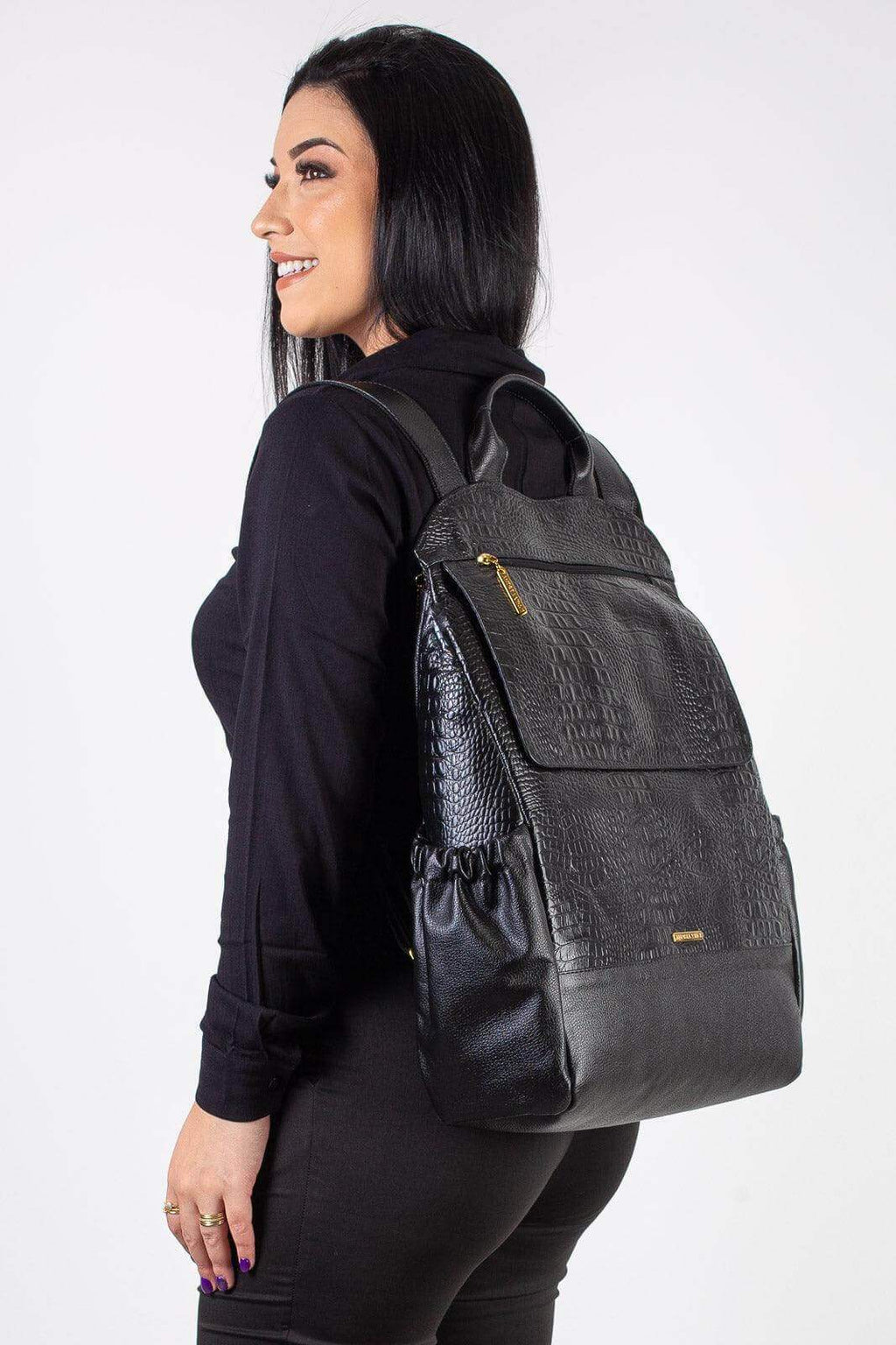 Mochila antifurto grande de couro croco Suzana - Enluaze