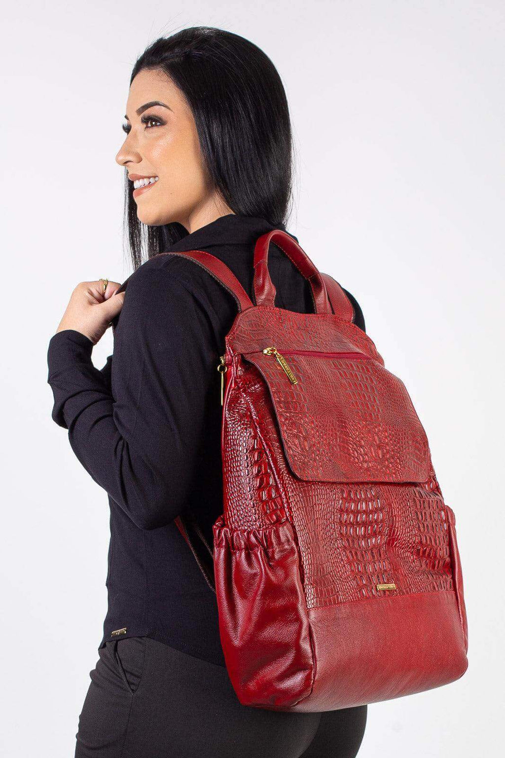 Mochila antifurto grande de couro croco Suzana - Enluaze
