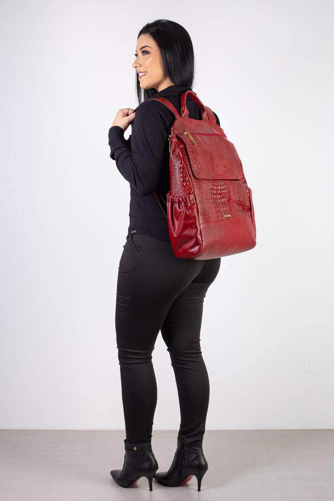 Mochila antifurto grande de couro croco Suzana - Enluaze