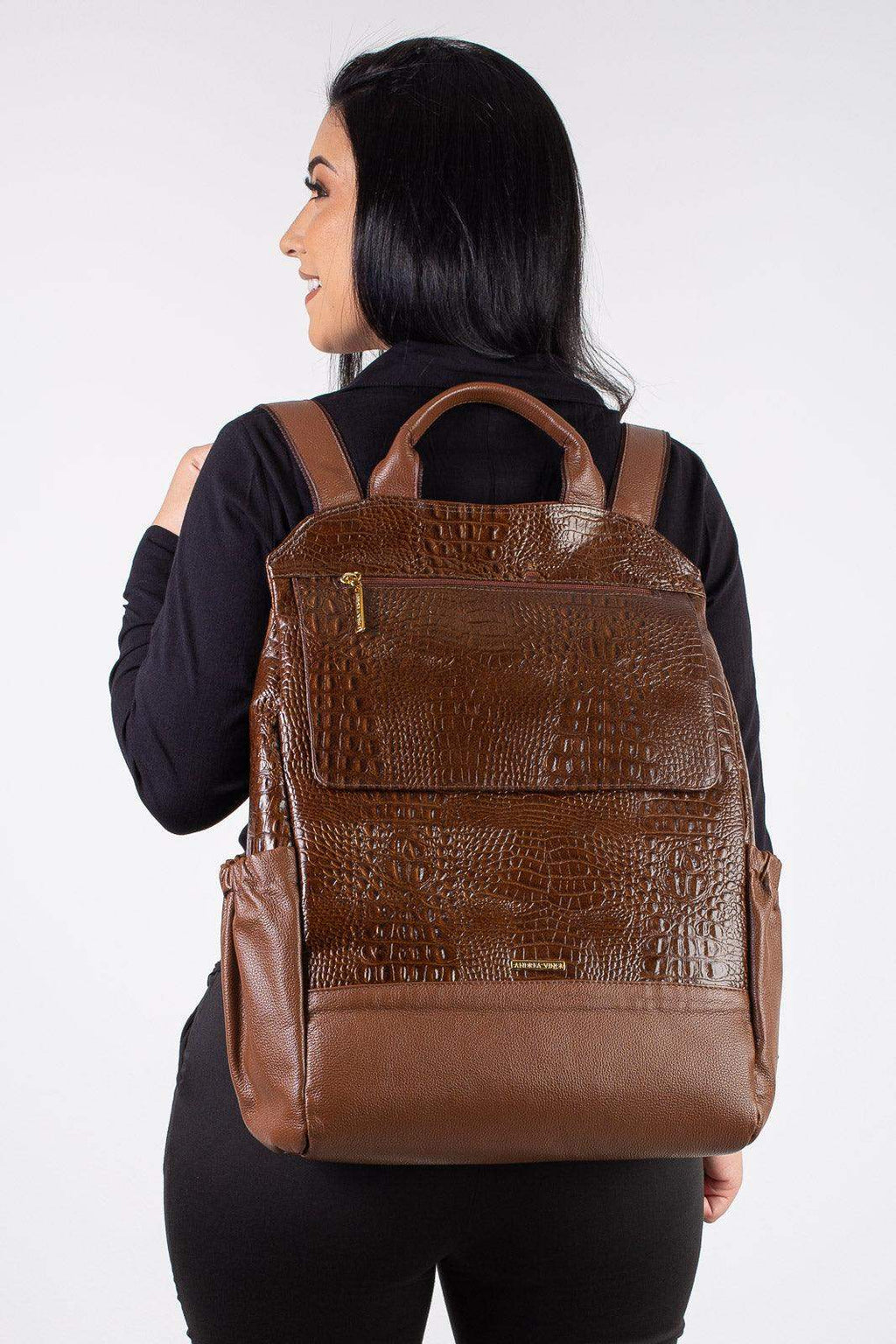 Mochila antifurto grande de couro croco Suzana - Enluaze