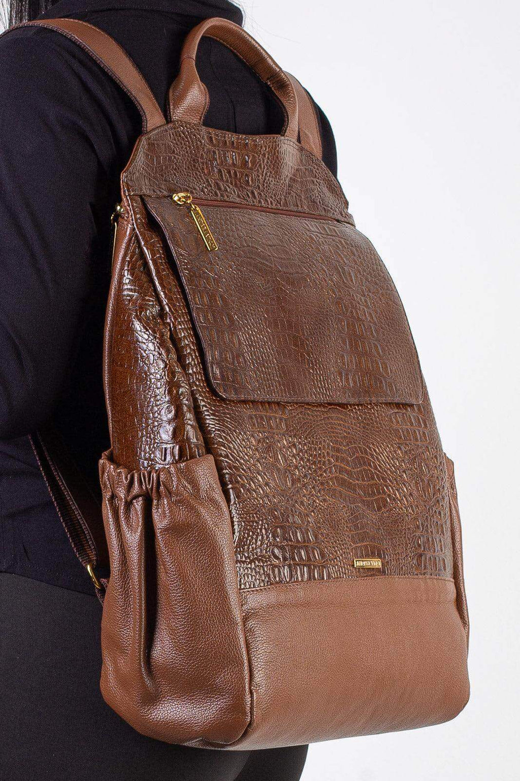 Mochila antifurto grande de couro croco Suzana - Enluaze