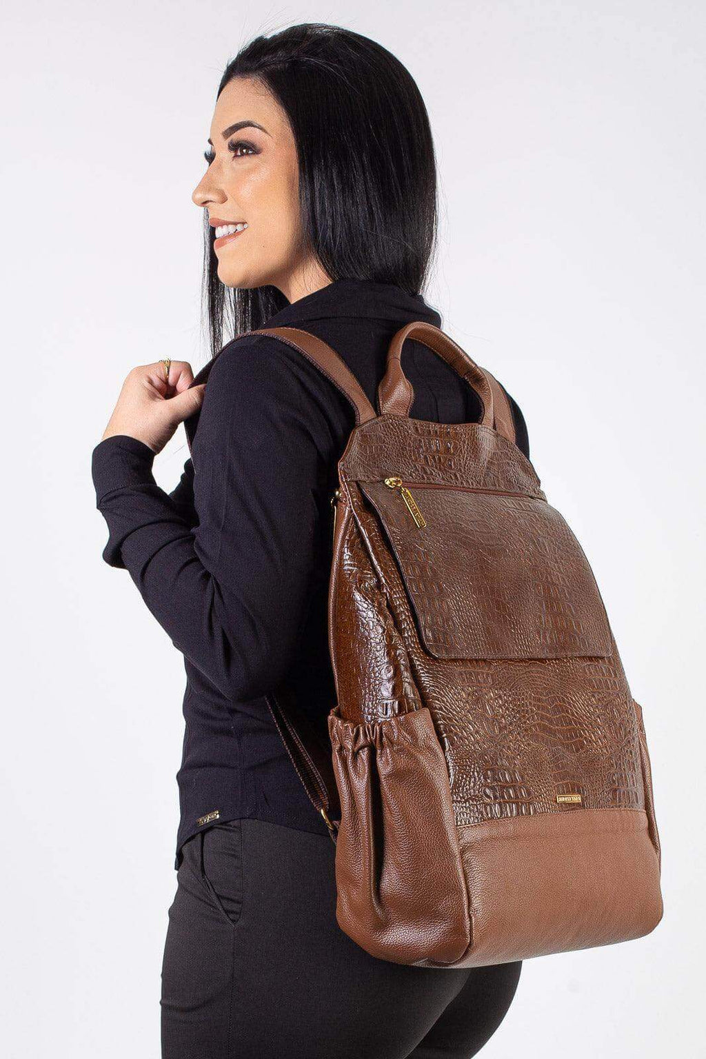 Mochila antifurto grande de couro croco Suzana - Enluaze