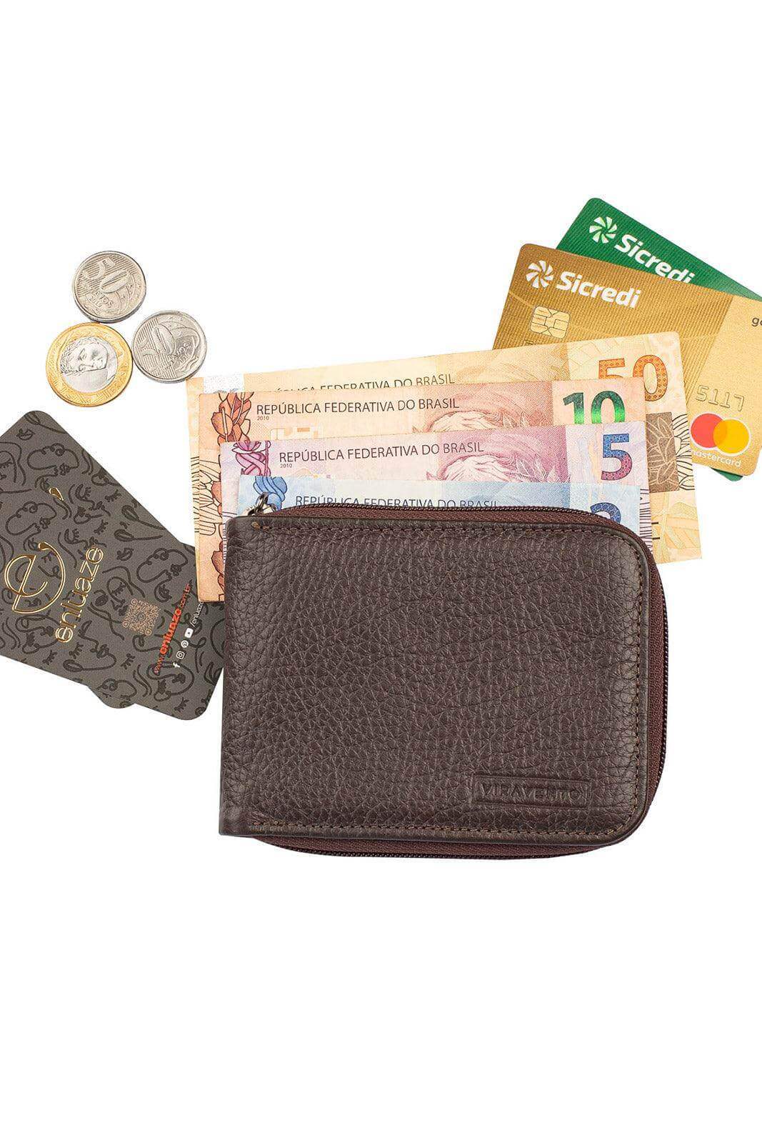 Carteira masculina de couro floater com zíper Ryan 9,5x12cm - Enluaze