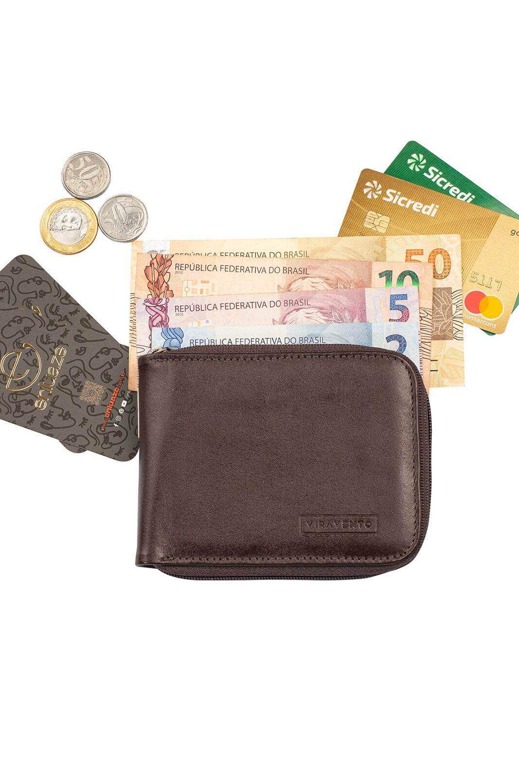 Carteira masculina de couro italiano com zíper Ryan 9,5x12cm - Enluaze