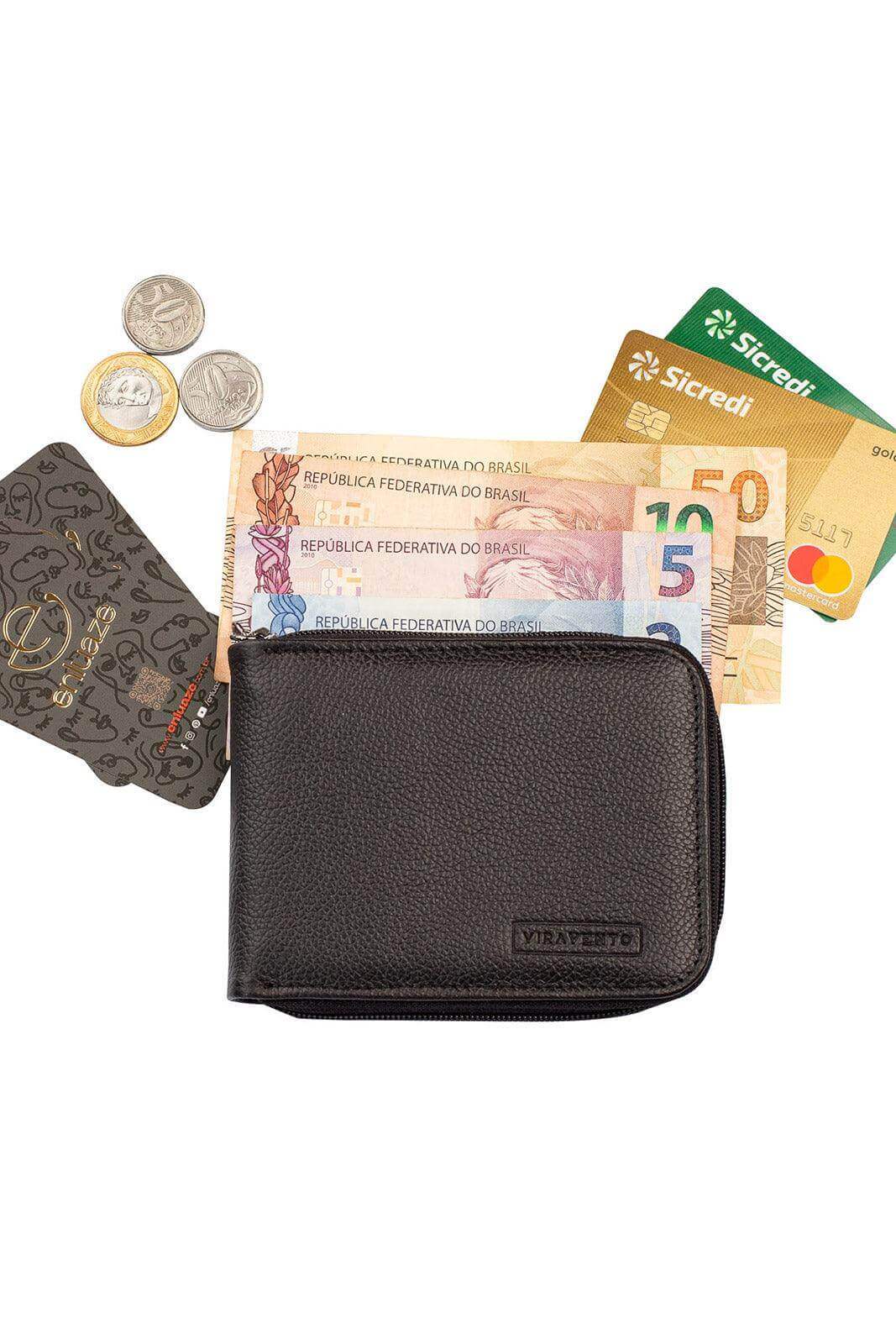 Carteira masculina de couro floater com zíper Ryan 9,5x12cm - Enluaze