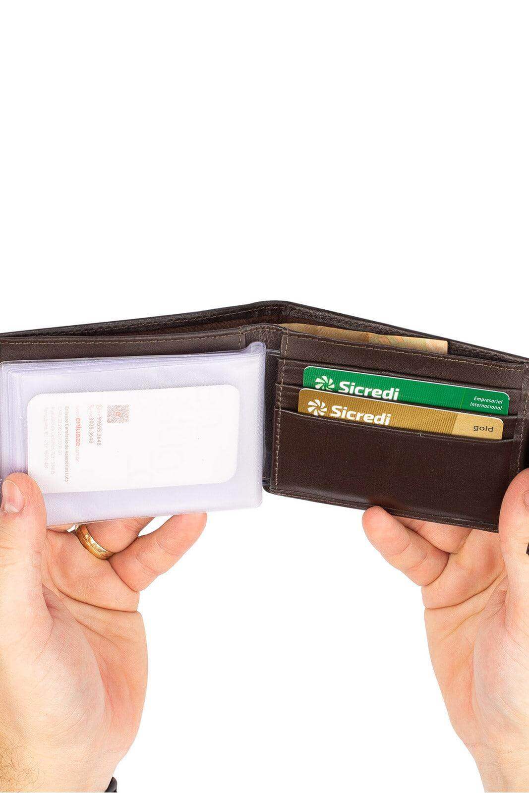 Carteira masculina de couro italiano com botão Matt 8,5x11,5cm - Enluaze