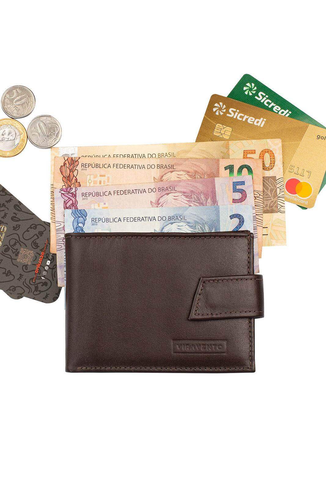 Carteira masculina de couro italiano com botão Matt 8,5x11,5cm - Enluaze