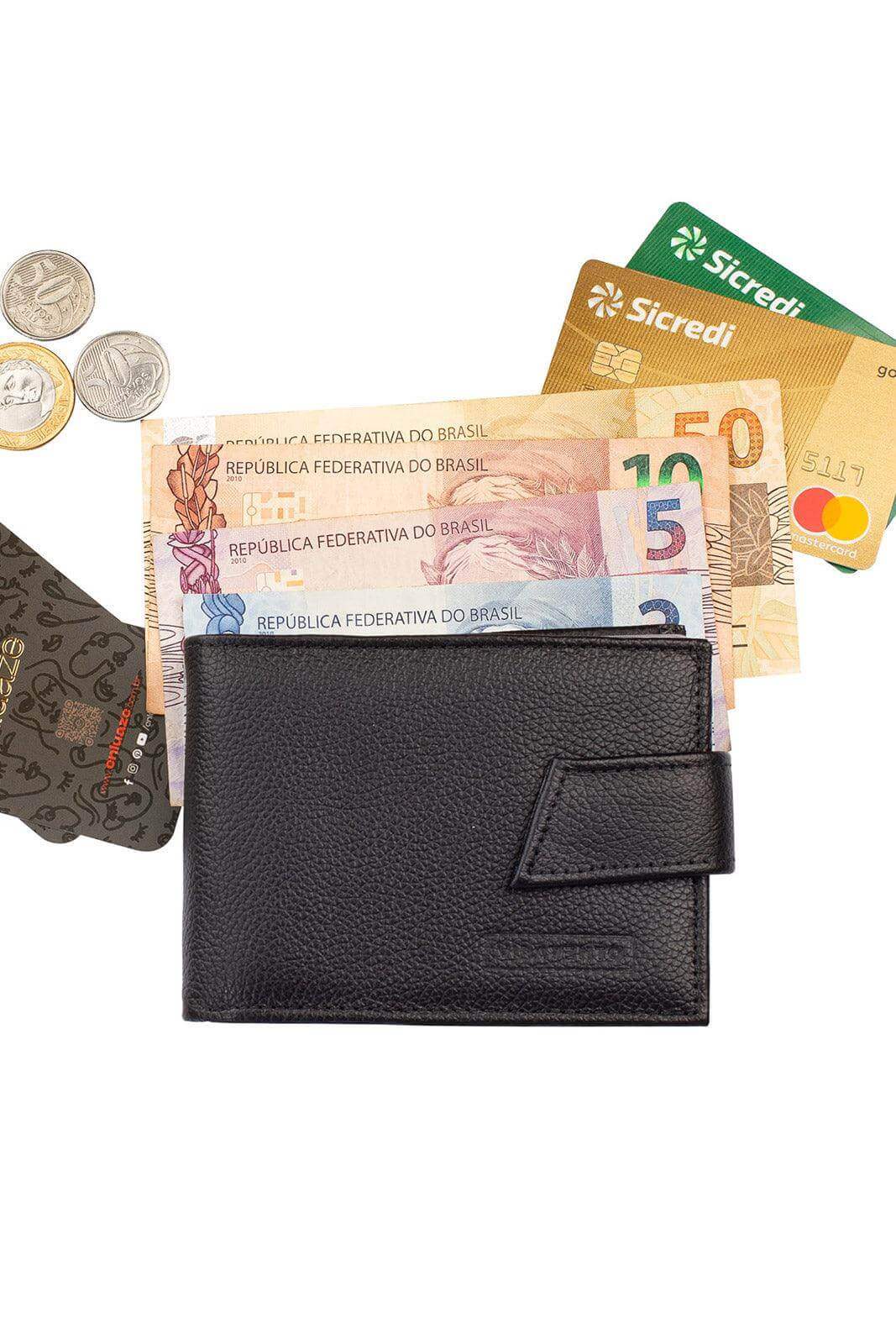 Carteira masculina de couro floater com botão Matt 8,5x11,5cm - Enluaze