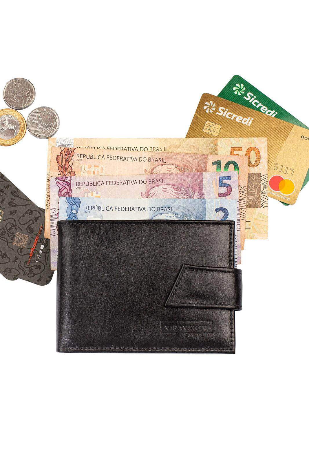 Carteira masculina de couro italiano com botão Matt 8,5x11,5cm - Enluaze