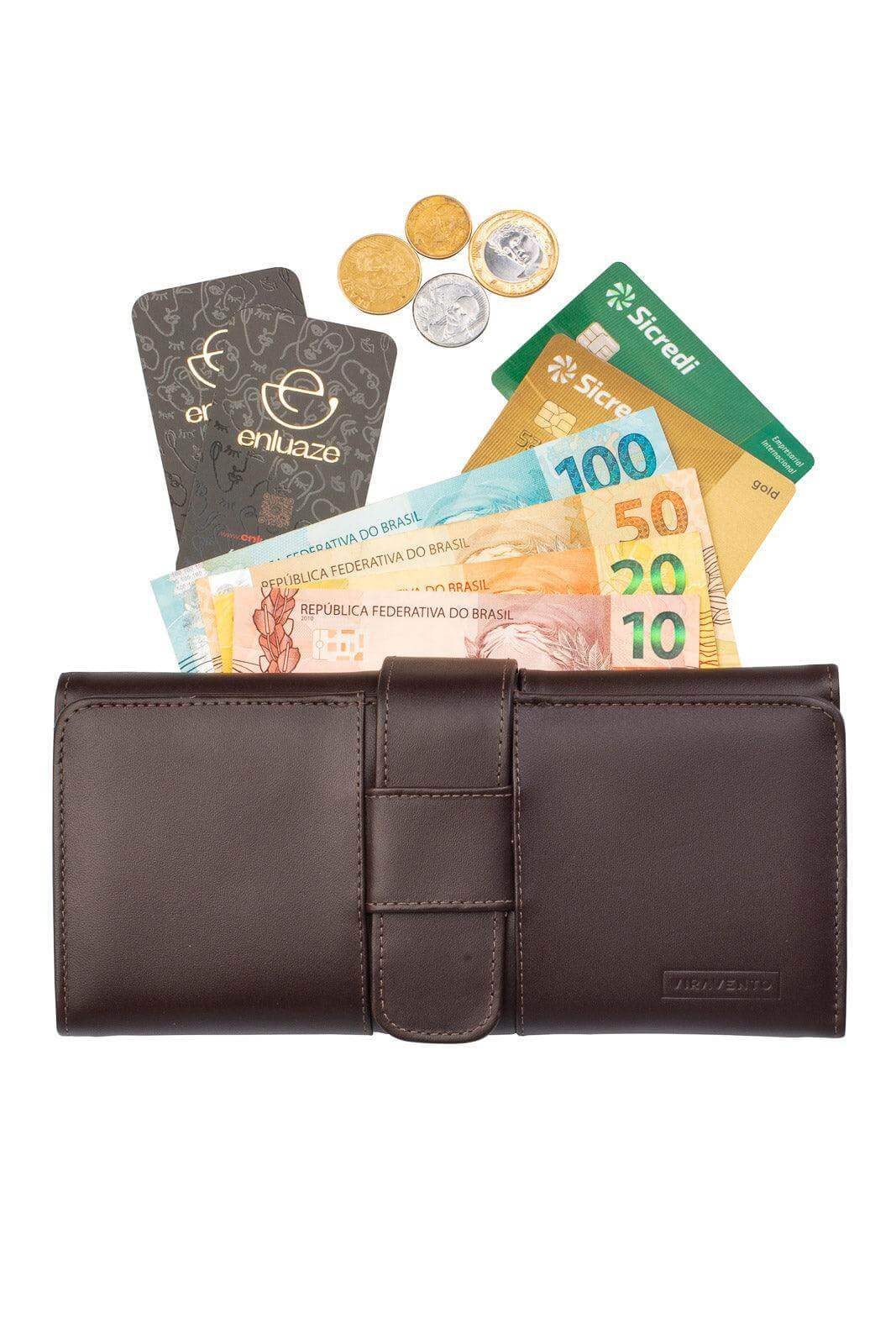 Carteira grande leva tudo unissex de couro italiano 11x22cm - Enluaze