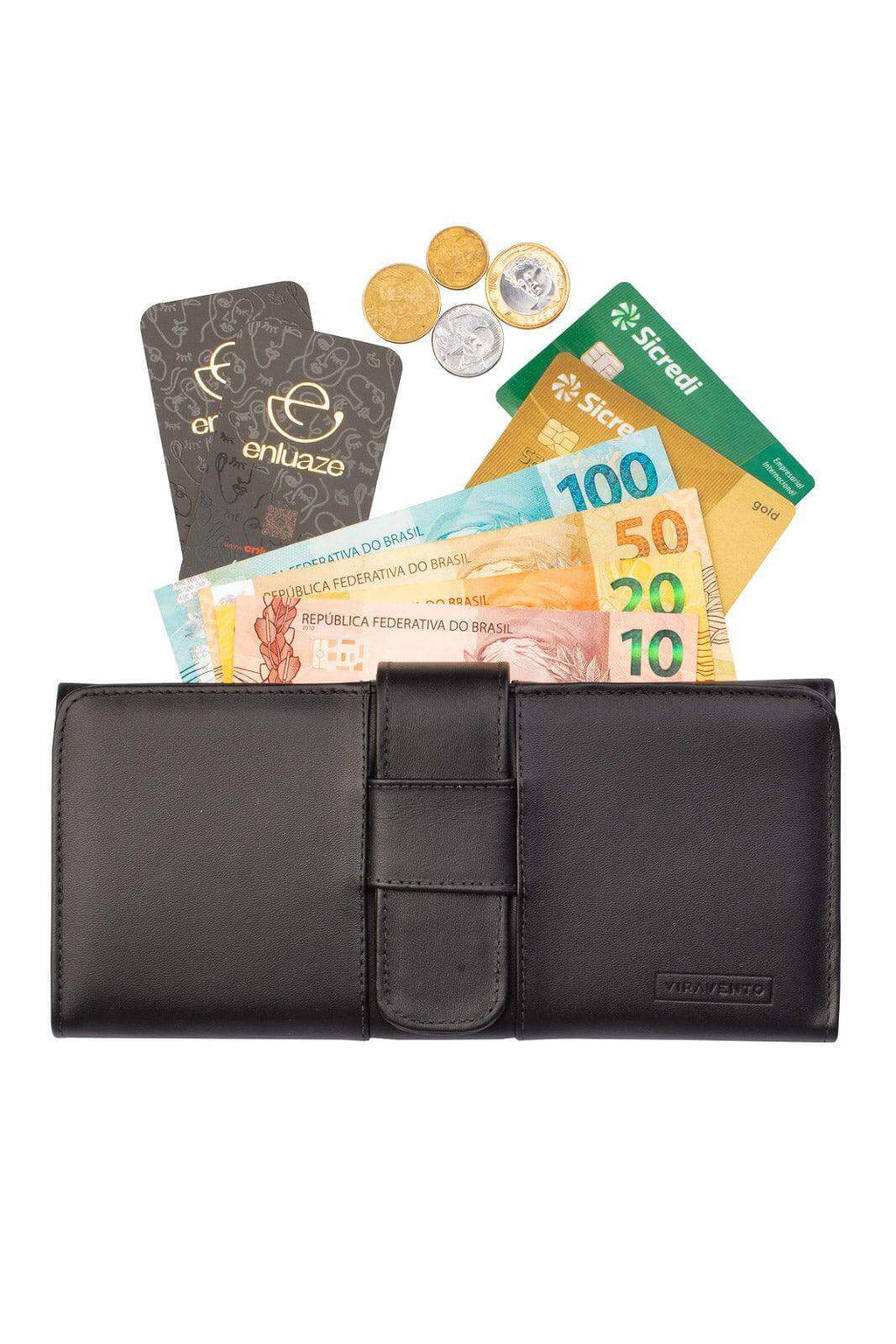 Carteira grande leva tudo unissex de couro italiano 11x22cm - Enluaze