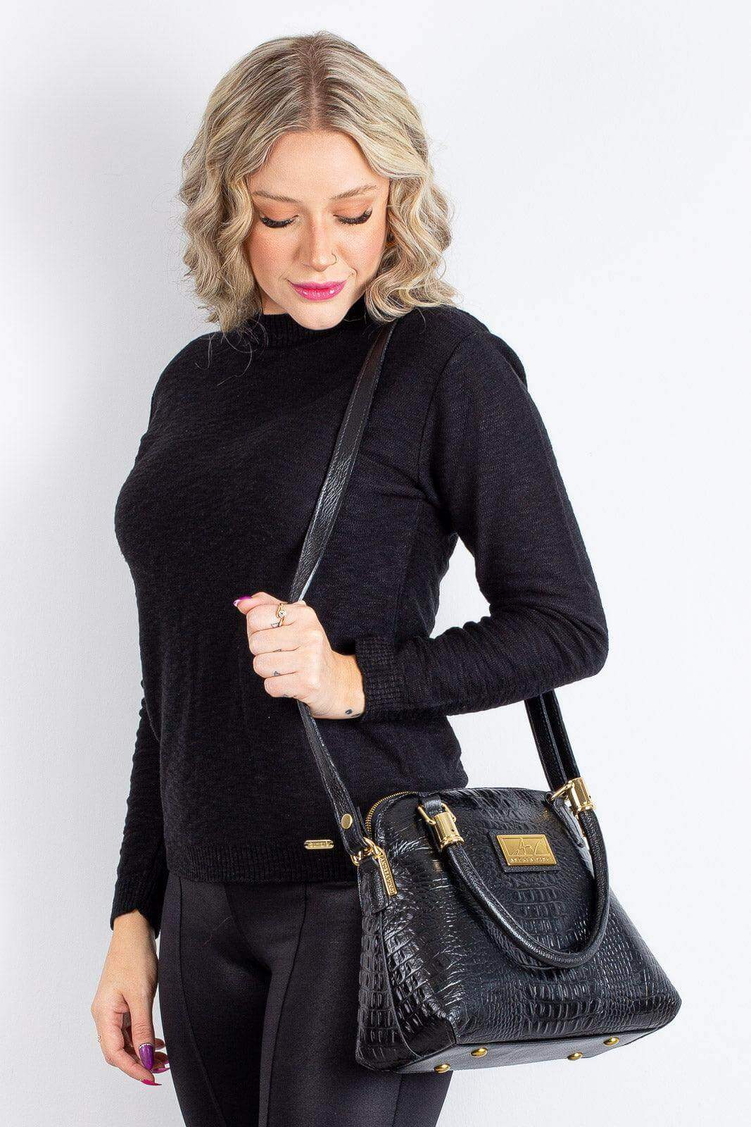 Bolsa baú de couro croco Donna - Enluaze