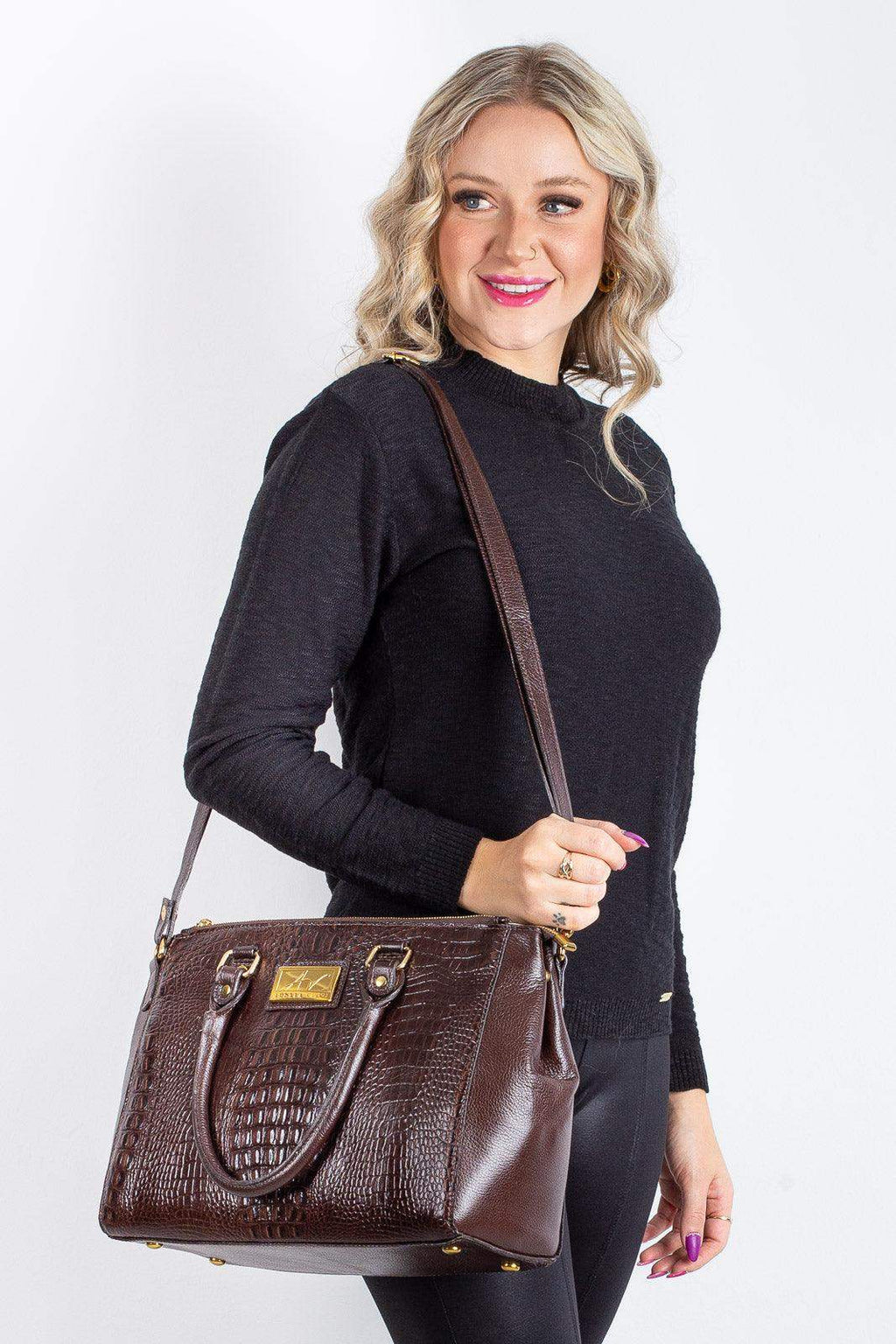 Bolsa de couro croco grande com divisórias Toffee - Enluaze