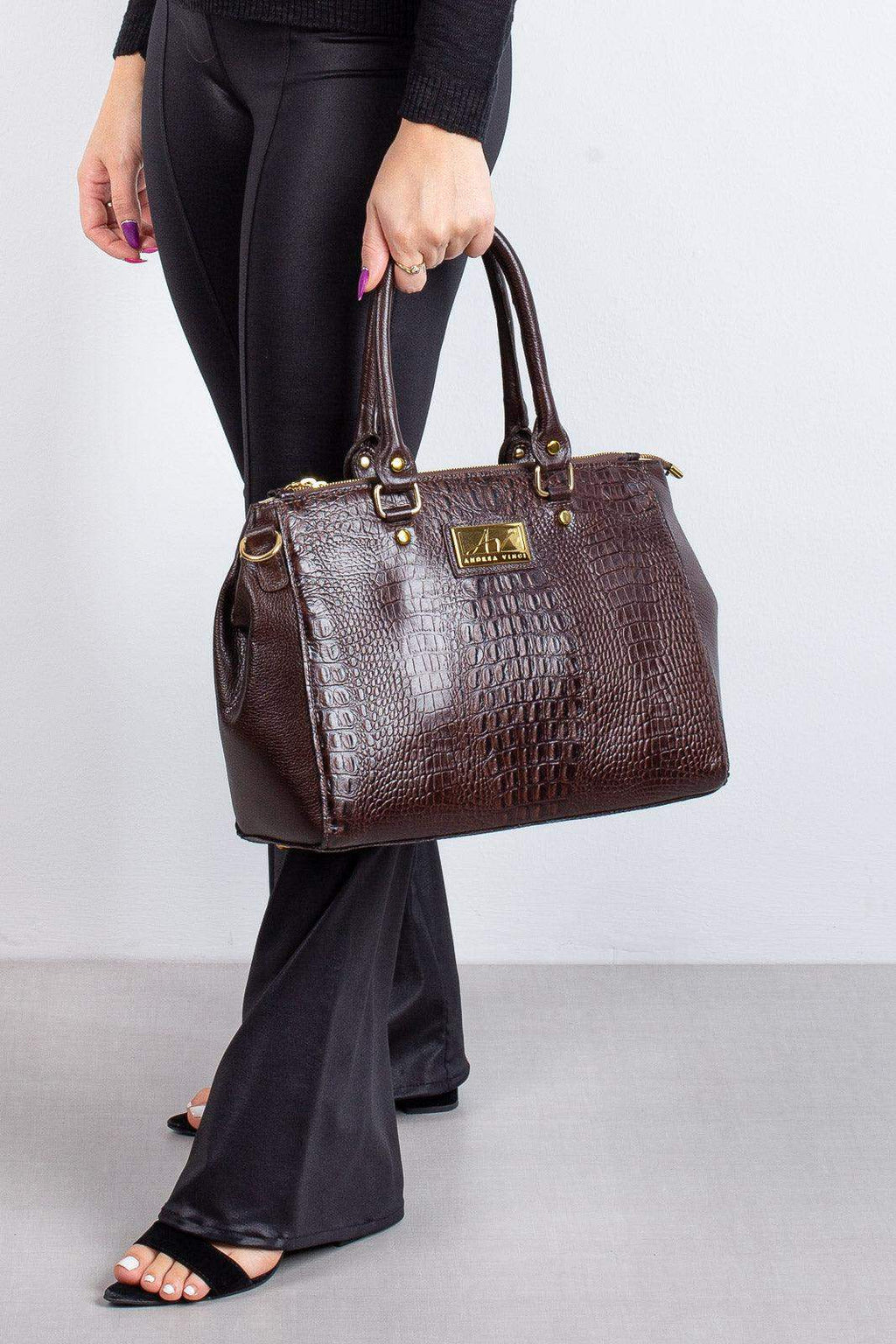 Bolsa de couro croco grande com divisórias Toffee - Enluaze