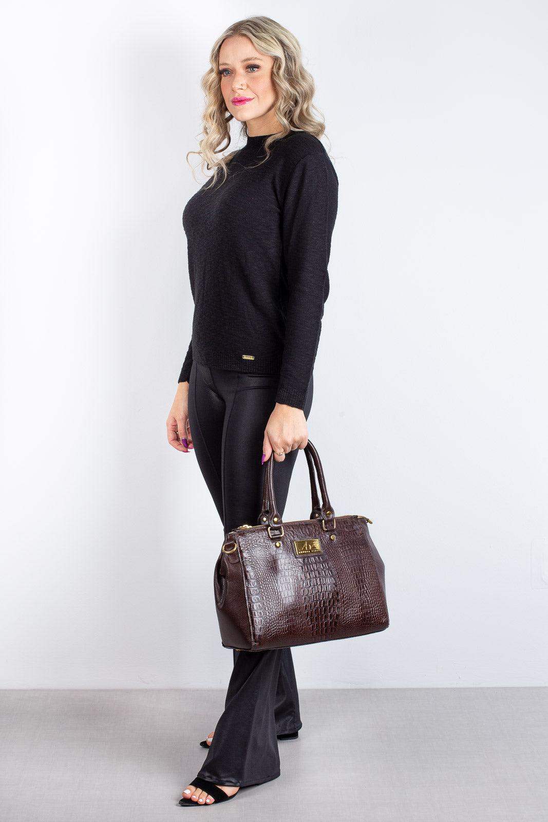 Bolsa de couro croco grande com divisórias Toffee - Enluaze