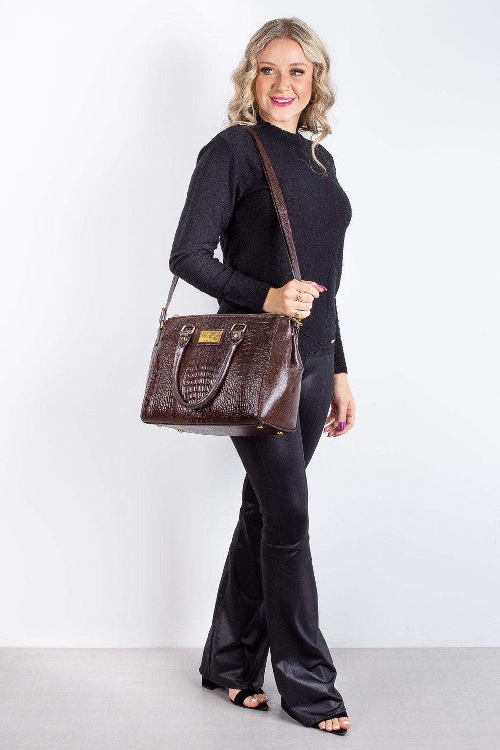 Bolsa de couro croco grande com divisórias Toffee - Enluaze