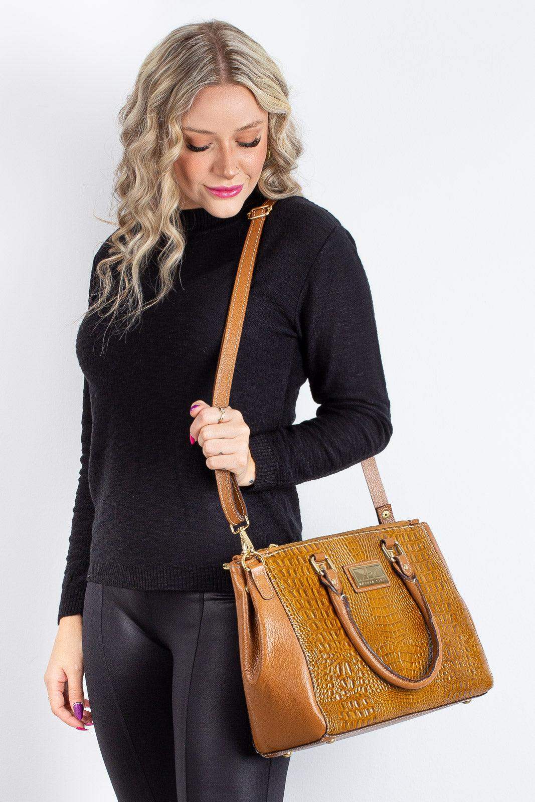 Bolsa de couro croco grande com divisórias Toffee - Enluaze