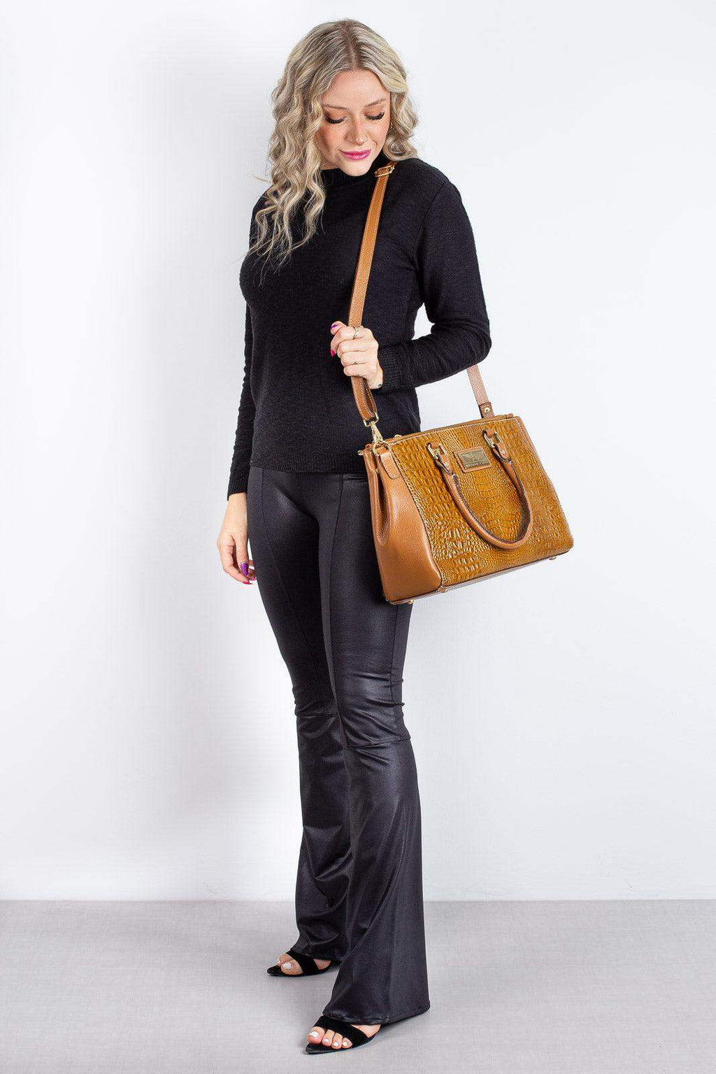 Bolsa de couro croco grande com divisórias Toffee - Enluaze