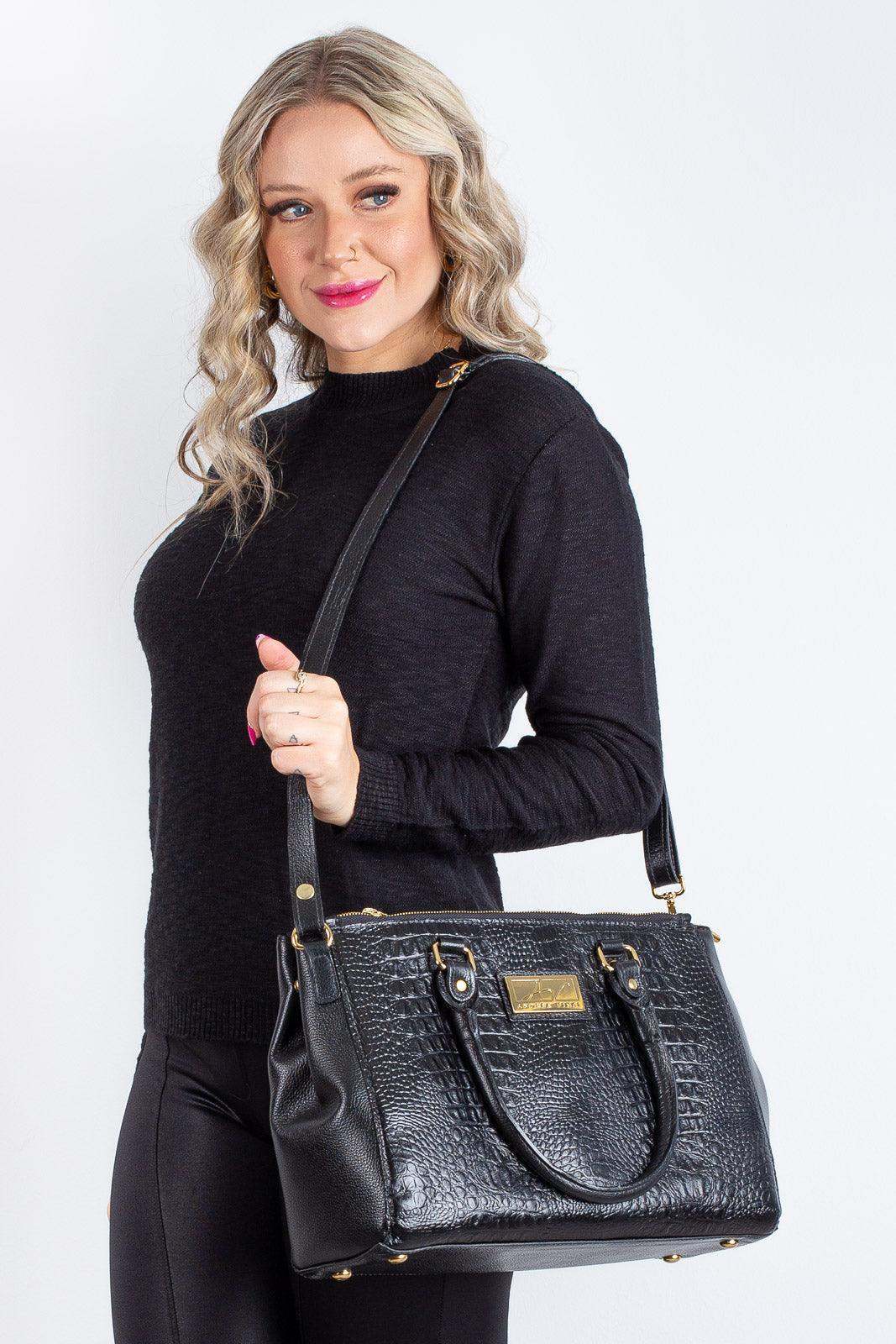 Bolsa de couro croco grande com divisórias Toffee - Enluaze