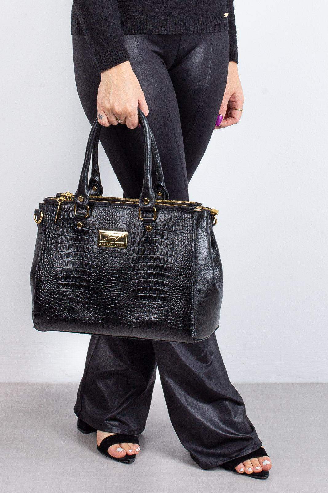 Bolsa de couro croco grande com divisórias Toffee - Enluaze