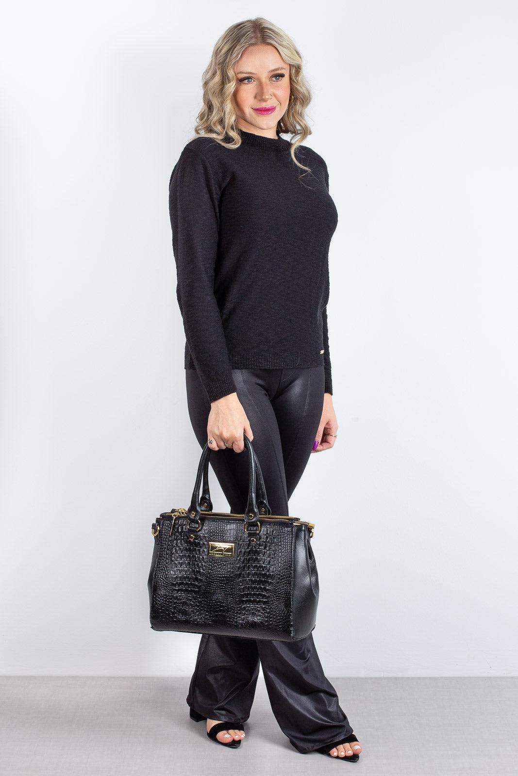 Bolsa de couro croco grande com divisórias Toffee - Enluaze