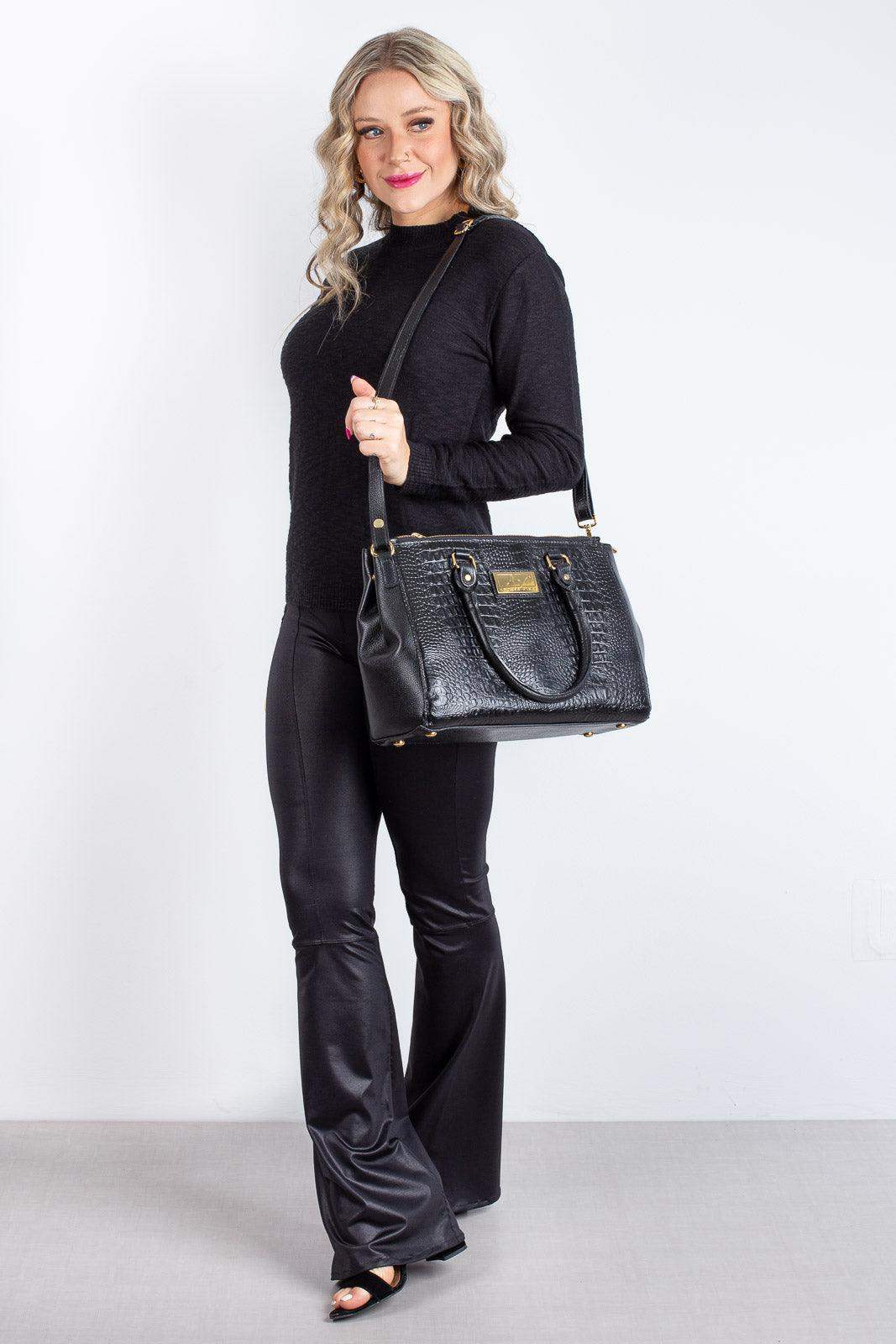 Bolsa de couro croco grande com divisórias Toffee - Enluaze