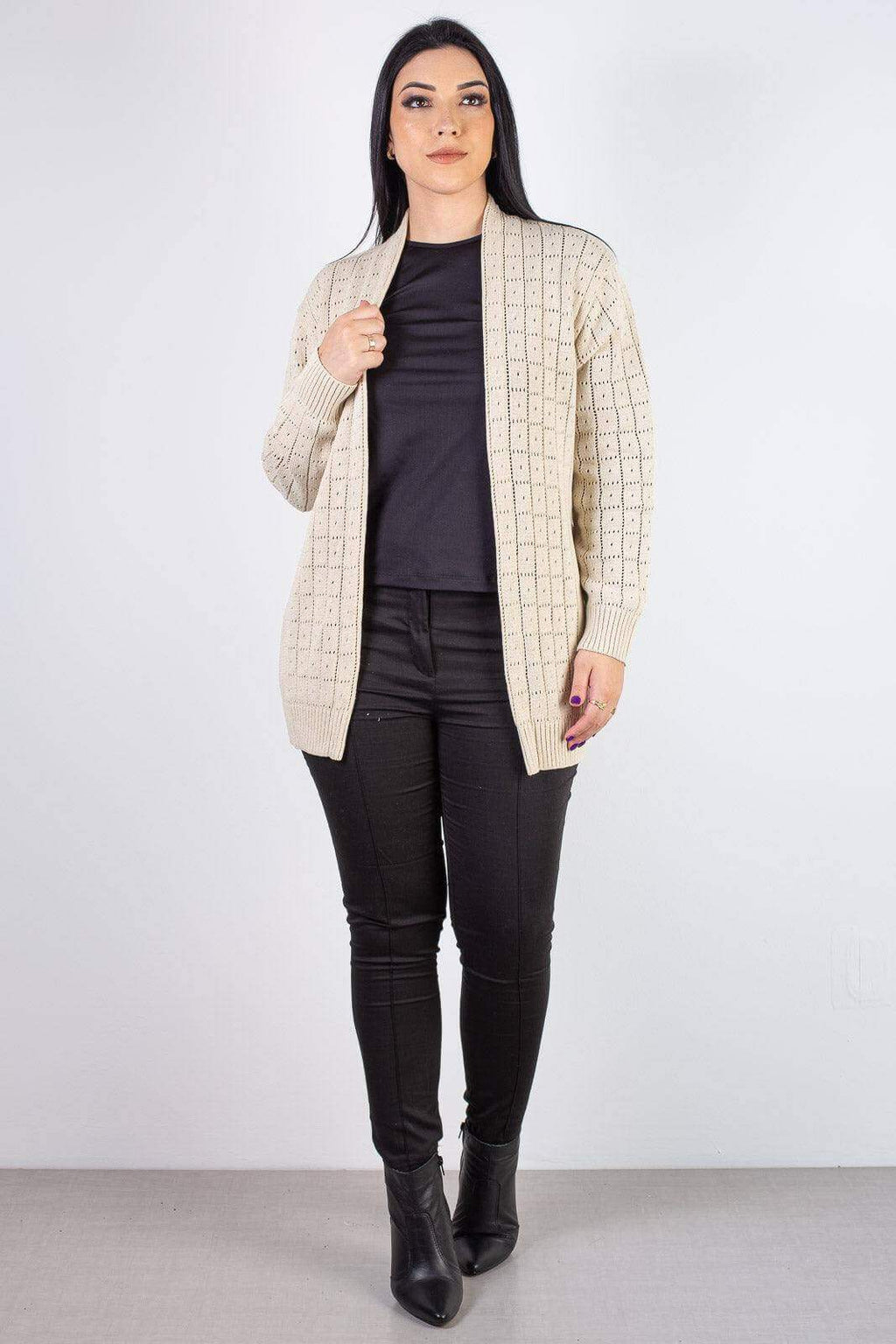 Cardigan alongado de tricô vazado 60011 - Enluaze