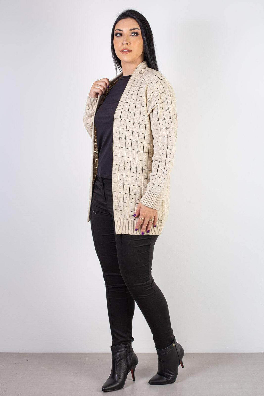 Cardigan alongado de tricô vazado 60011 - Enluaze