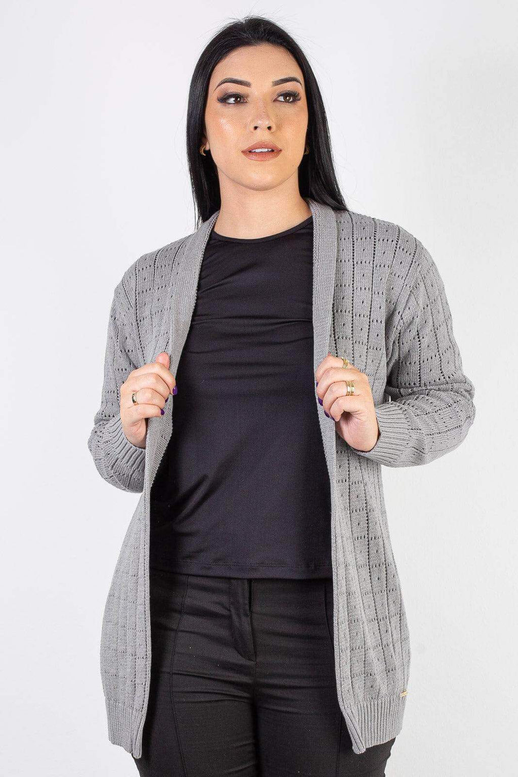 Cardigan alongado de tricô vazado 60011 - Enluaze