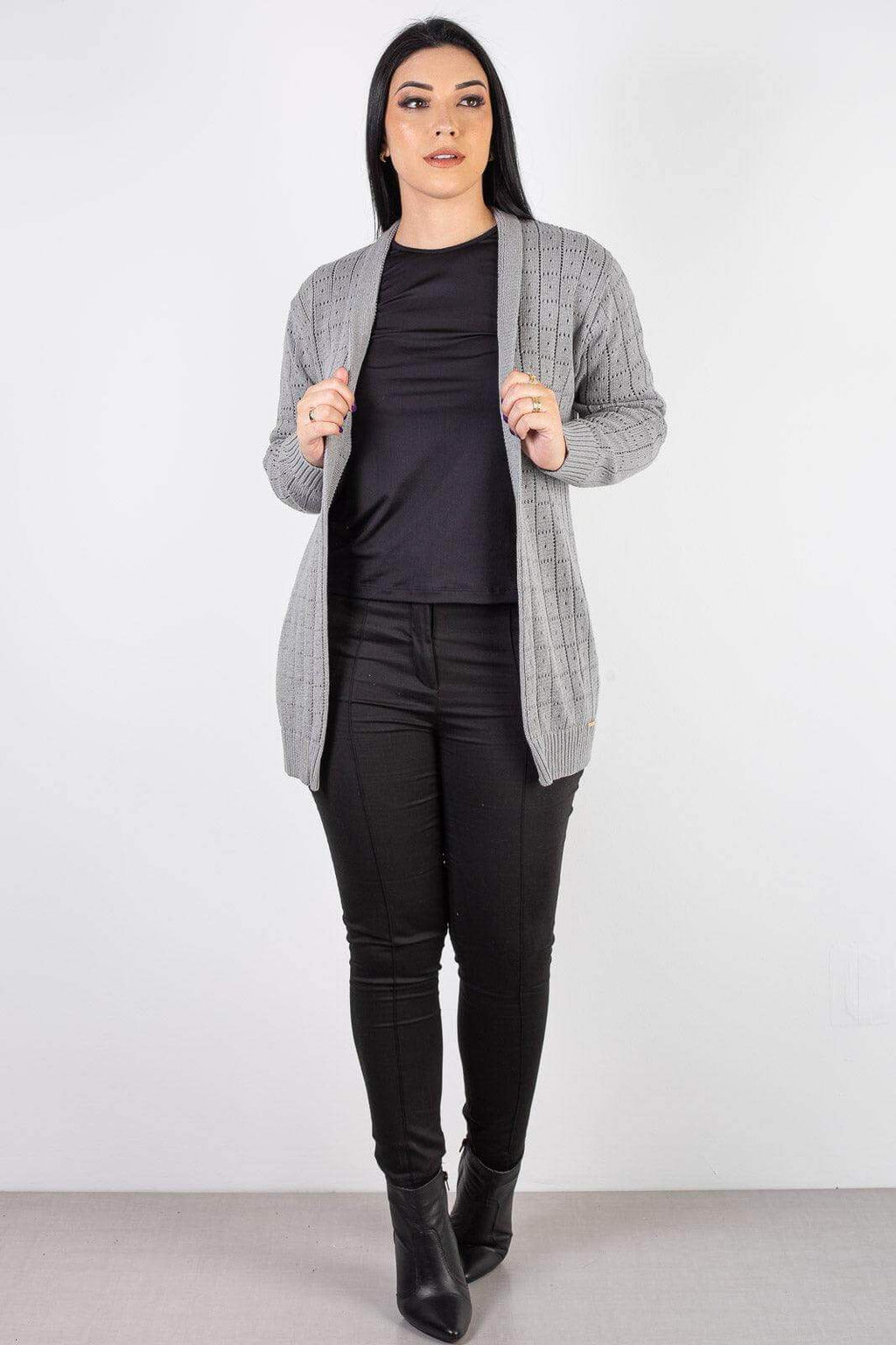 Cardigan alongado de tricô vazado 60011 - Enluaze