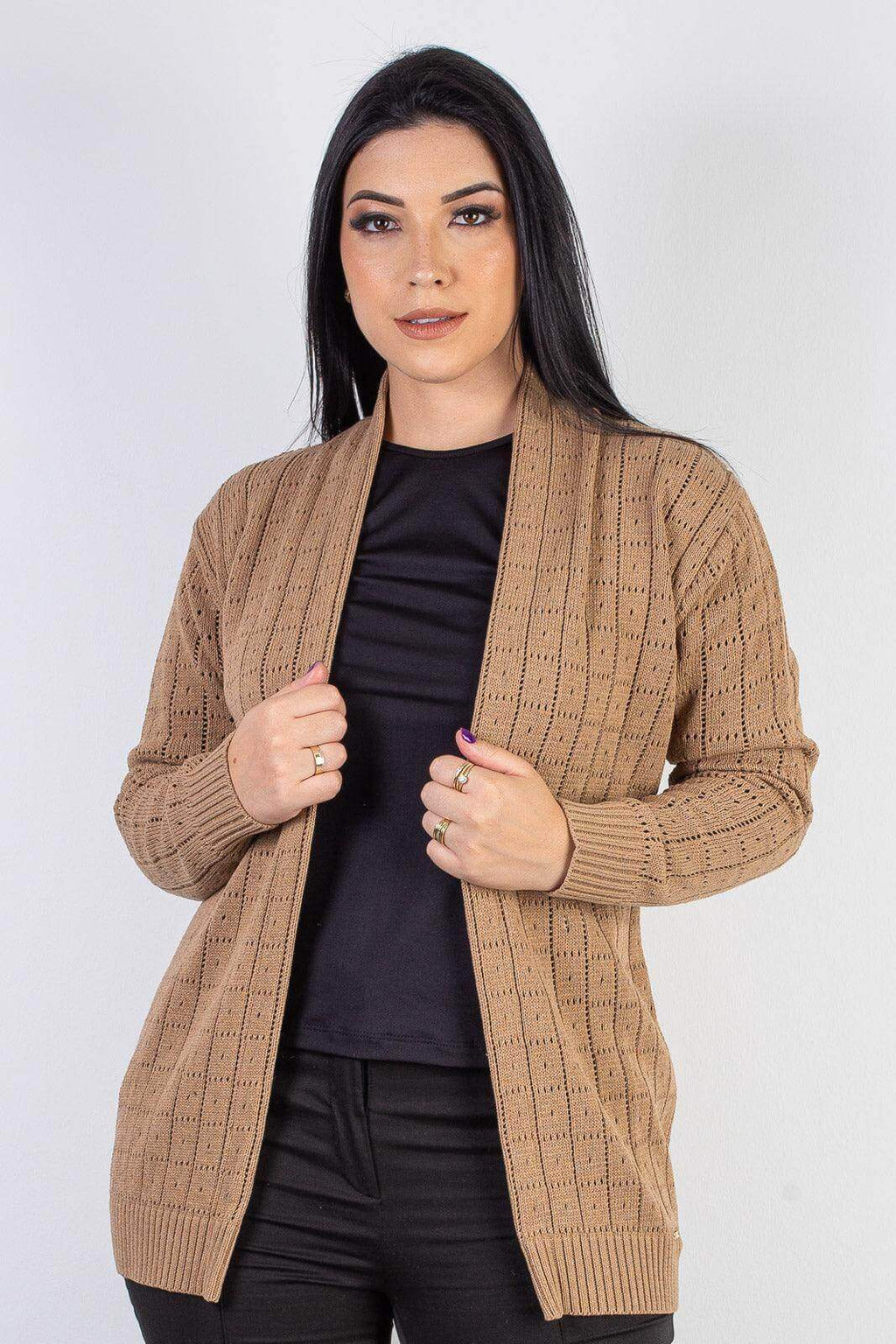 Cardigan alongado de tricô vazado 60011 - Enluaze