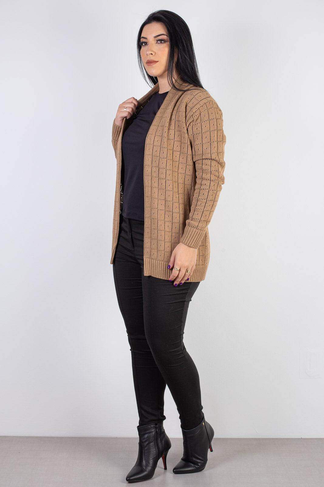Cardigan alongado de tricô vazado 60011 - Enluaze