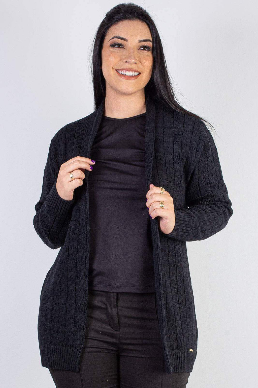 Cardigan alongado de tricô vazado 60011 - Enluaze