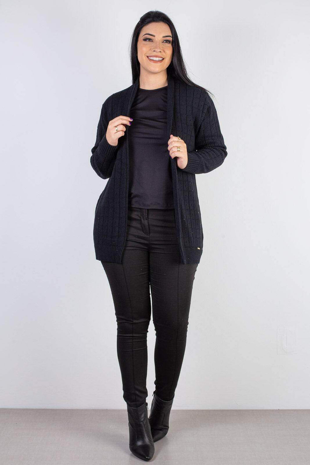 Cardigan alongado de tricô vazado 60011 - Enluaze