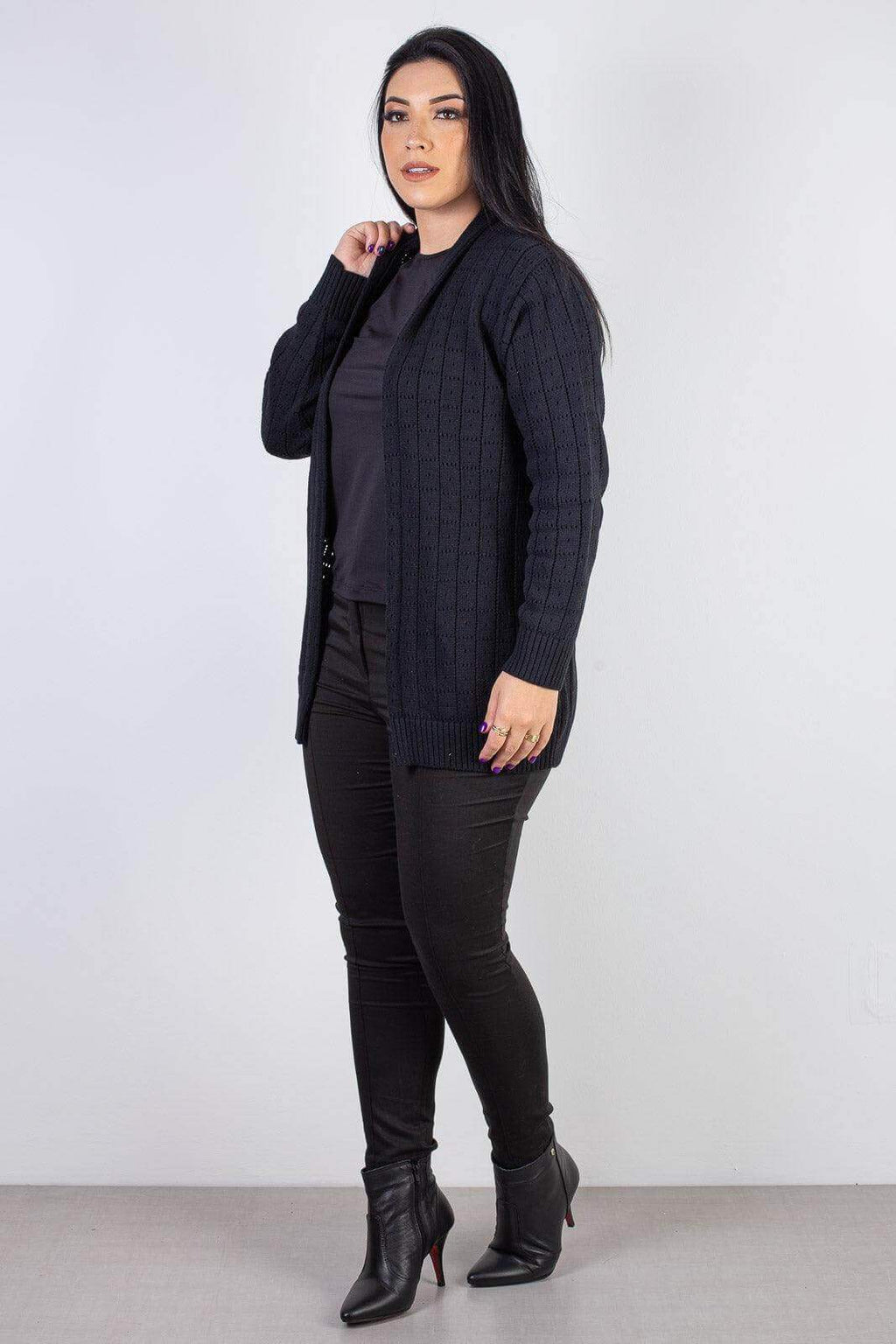 Cardigan alongado de tricô vazado 60011 - Enluaze
