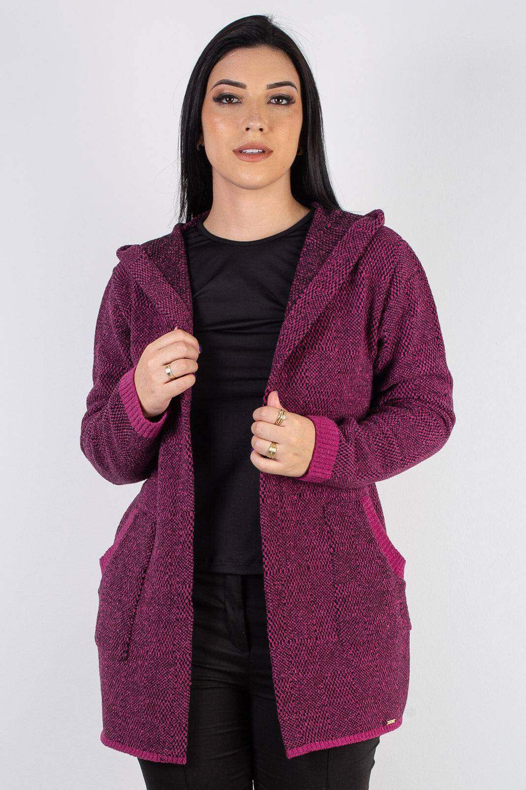 Cardigan de tricô alongado com bolsos e capuz 60015 - Enluaze