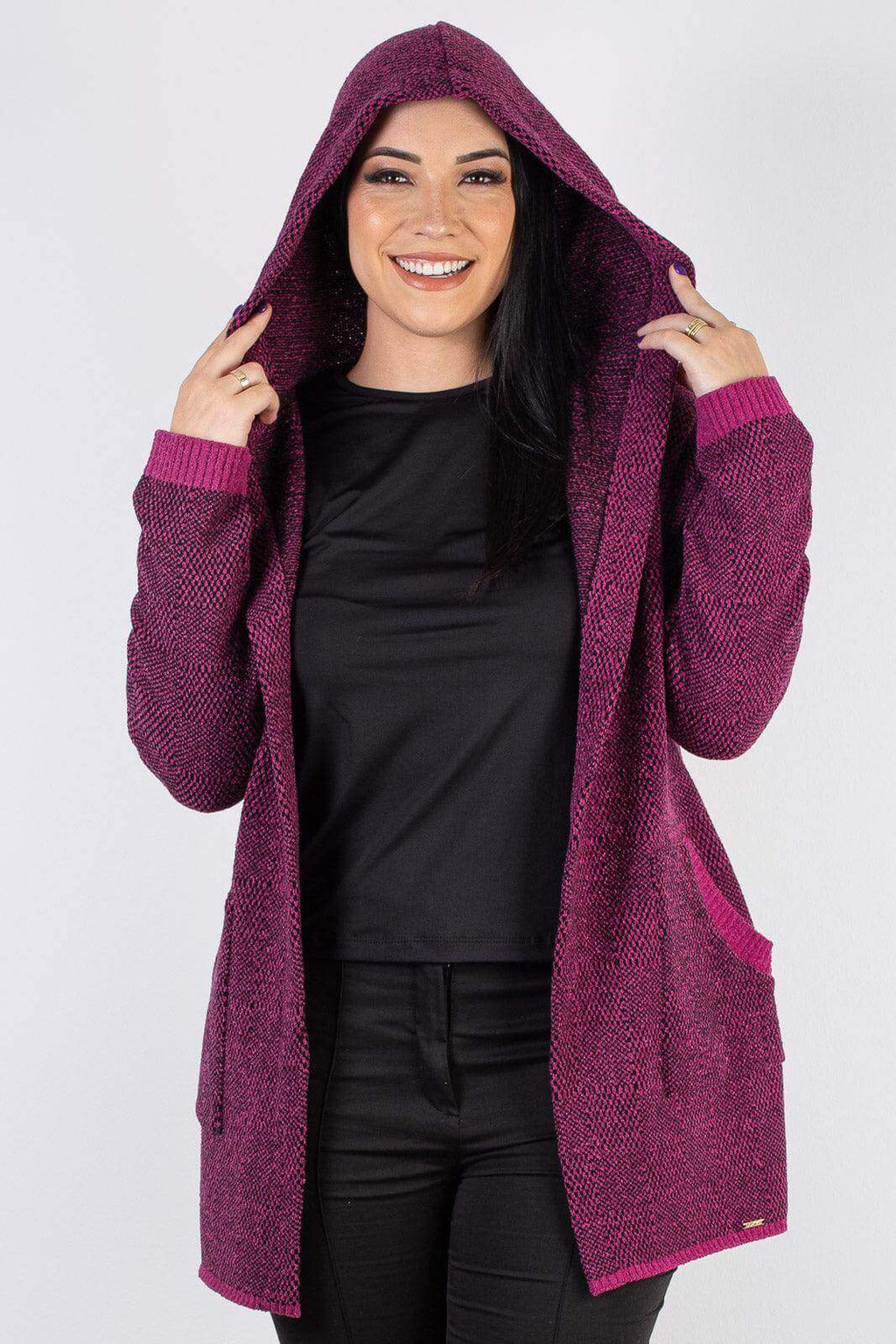 Cardigan de tricô alongado com bolsos e capuz 60015 - Enluaze