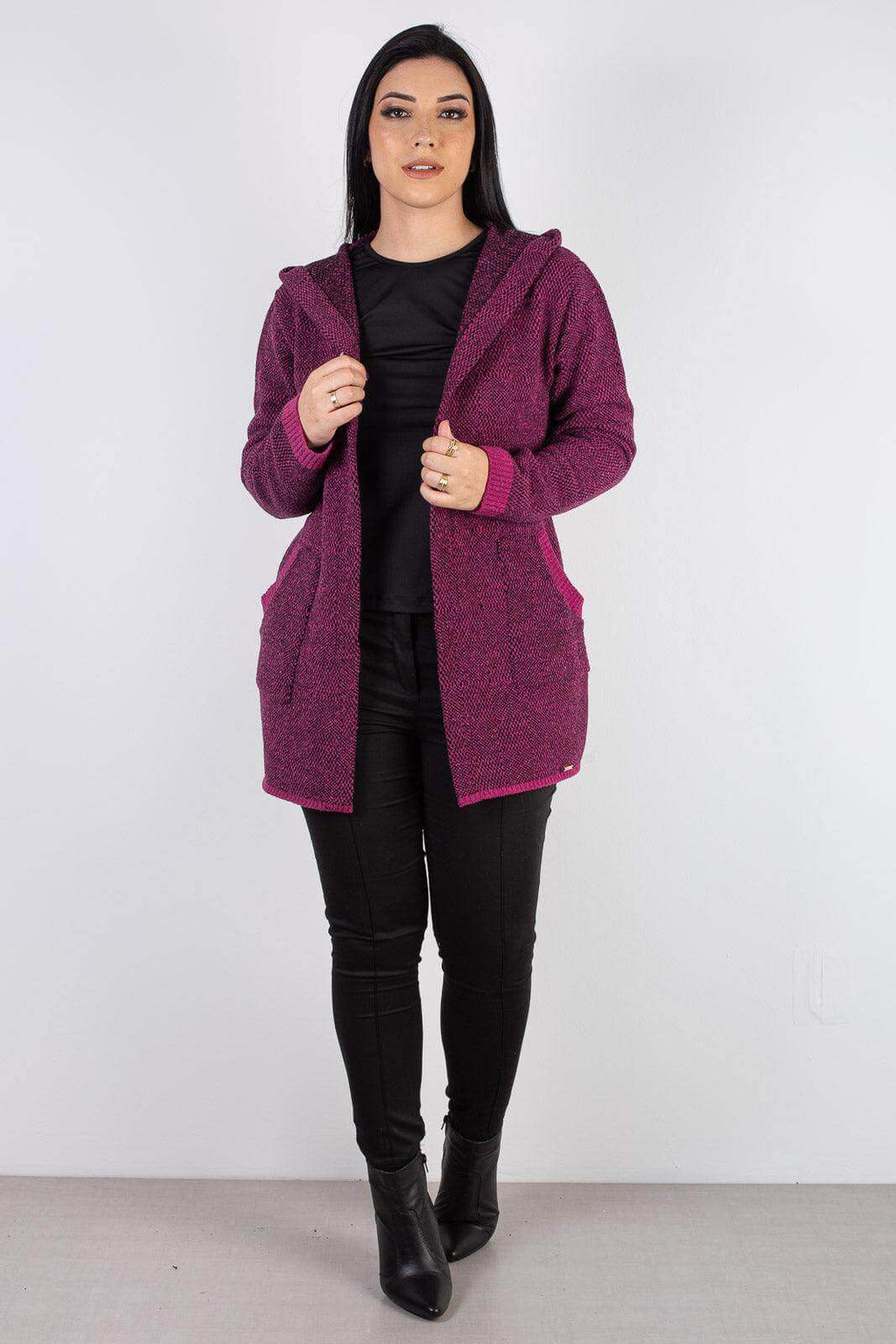 Cardigan de tricô alongado com bolsos e capuz 60015 - Enluaze