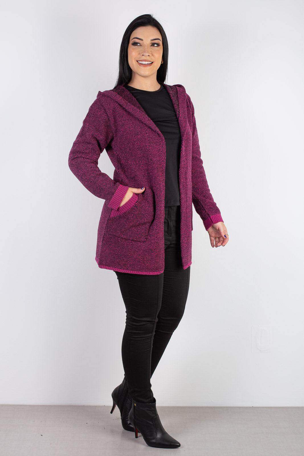 Cardigan de tricô alongado com bolsos e capuz 60015 - Enluaze