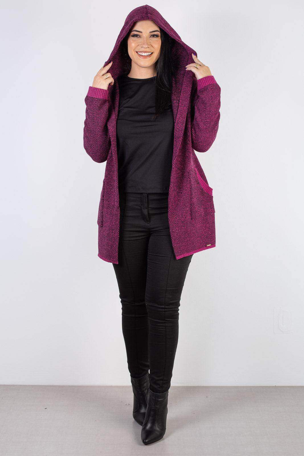 Cardigan de tricô alongado com bolsos e capuz 60015 - Enluaze