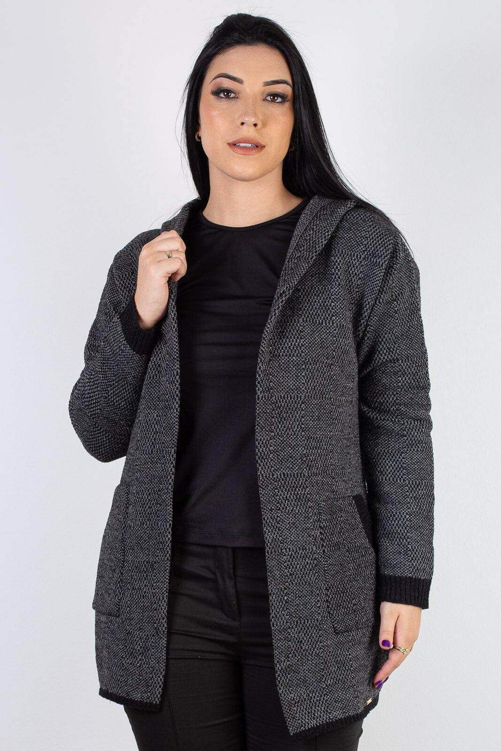 Cardigan de tricô alongado com bolsos e capuz 60015 - Enluaze