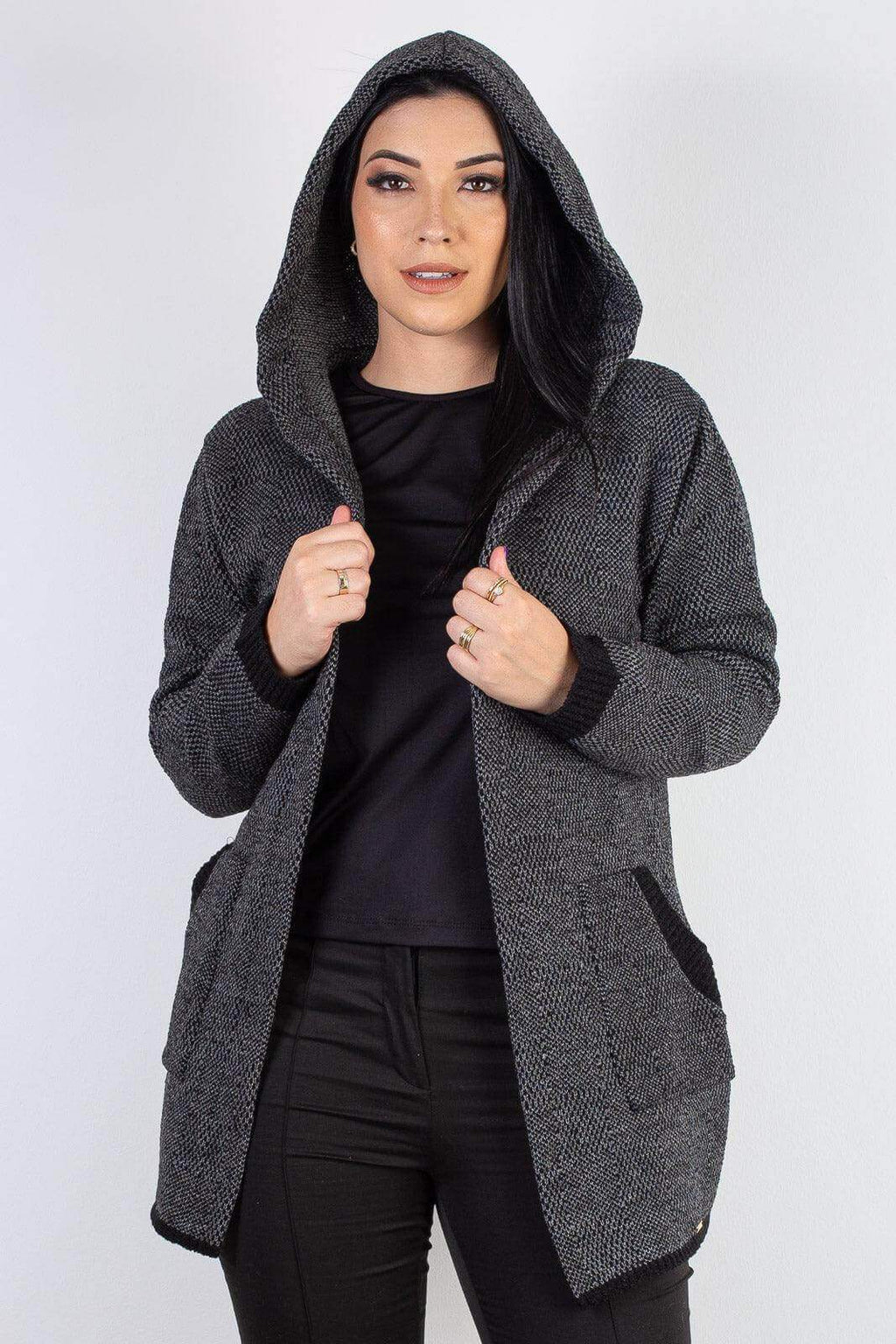 Cardigan de tricô alongado com bolsos e capuz 60015 - Enluaze