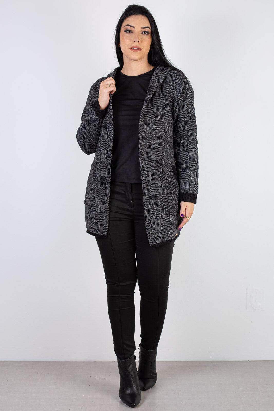 Cardigan de tricô alongado com bolsos e capuz 60015 - Enluaze