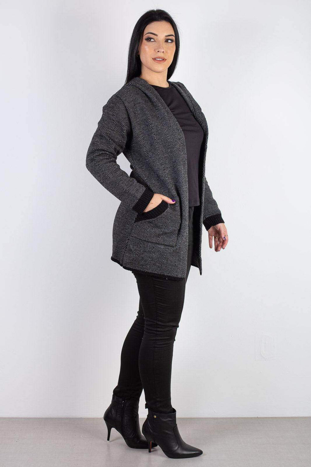 Cardigan de tricô alongado com bolsos e capuz 60015 - Enluaze