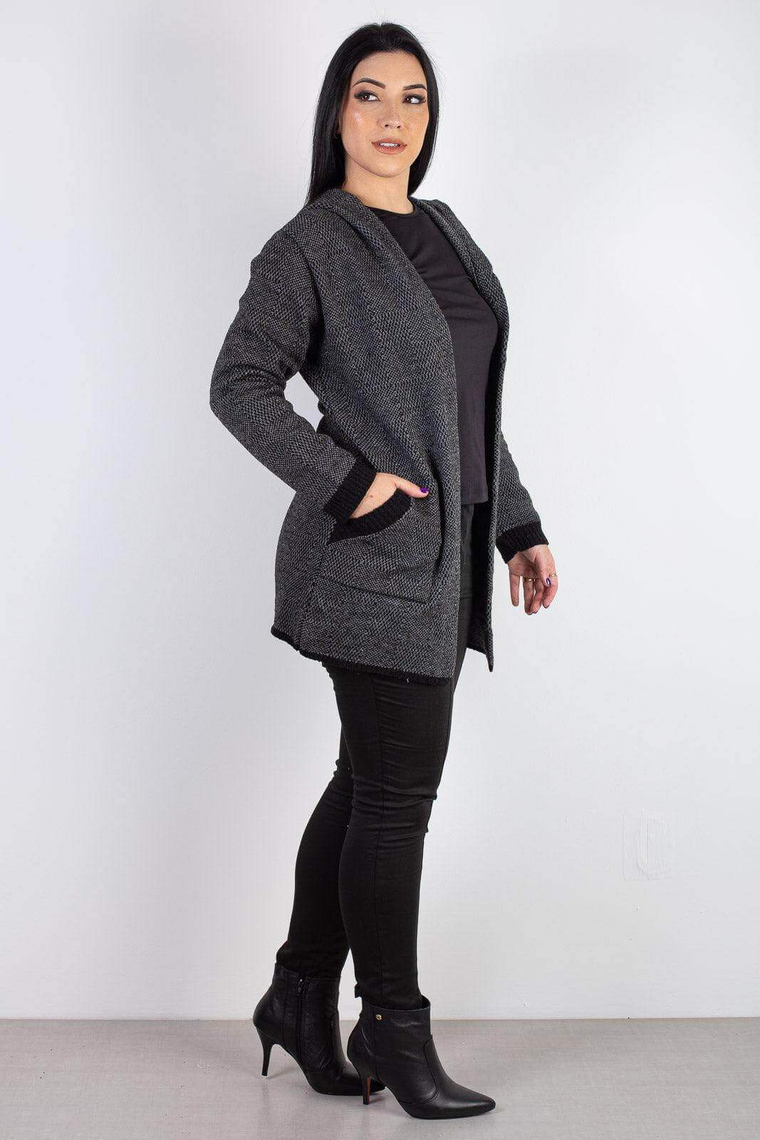 Cardigan de tricô alongado com bolsos e capuz 60015 - Enluaze