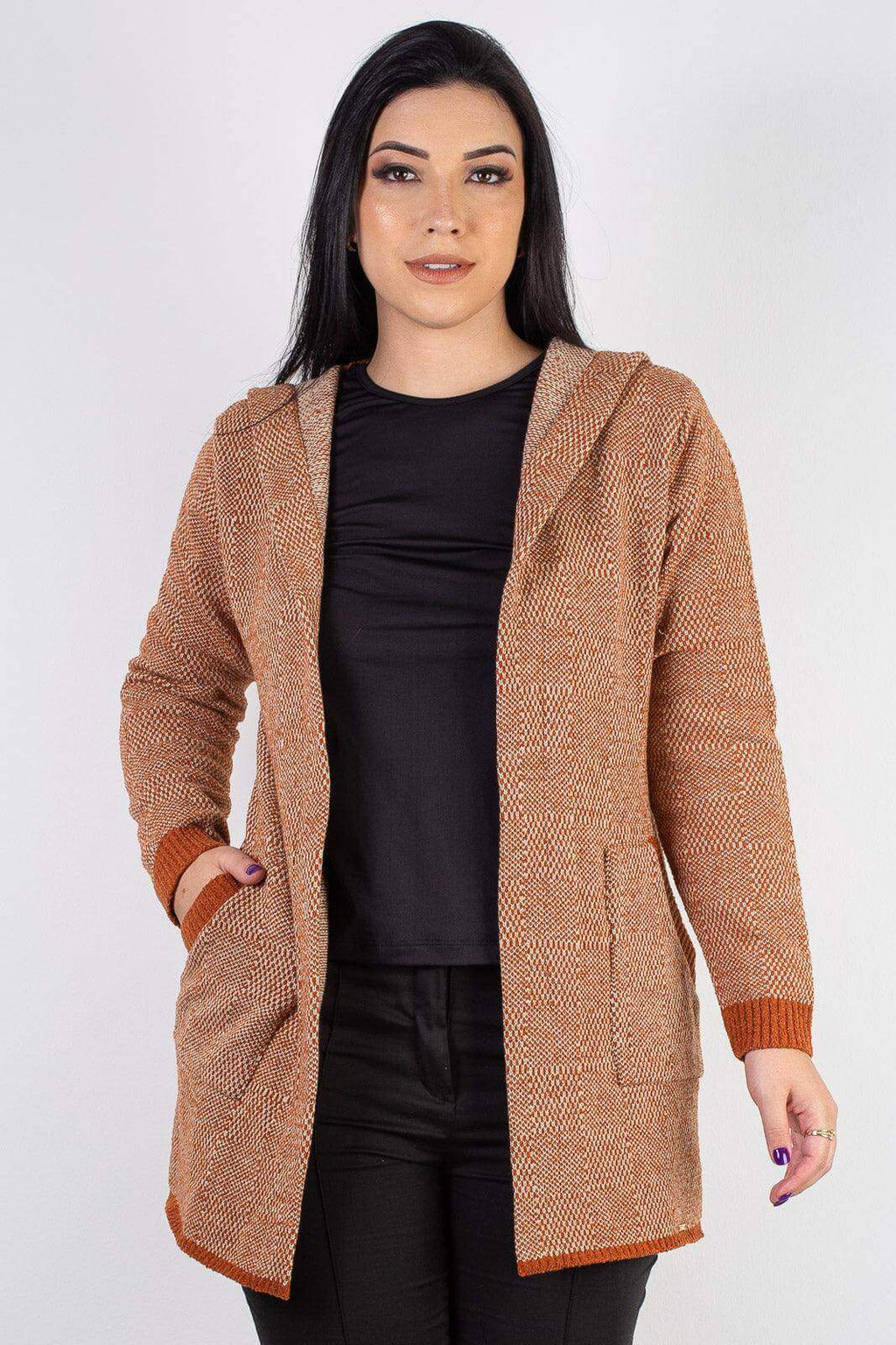Cardigan de tricô alongado com bolsos e capuz 60015 - Enluaze