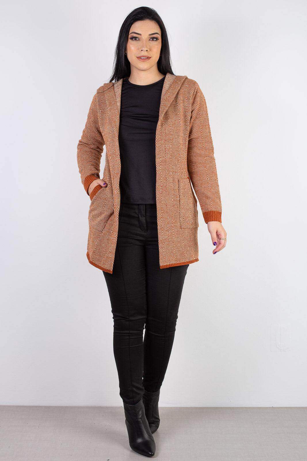 Cardigan de tricô alongado com bolsos e capuz 60015 - Enluaze